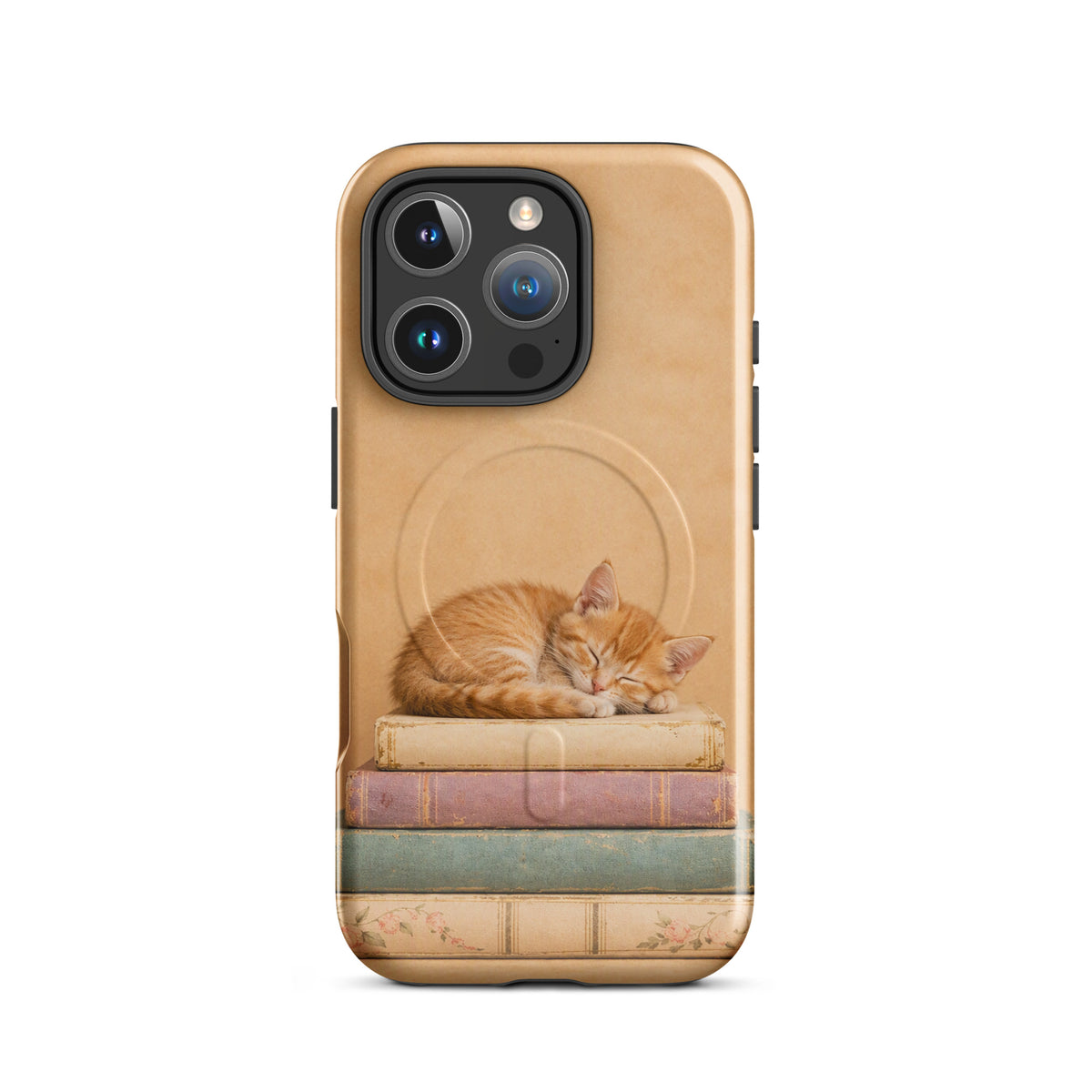 Magnetic Phone Case featuring a sleeping kitten on vintage books, highlighting warm colors and a cozy design.
