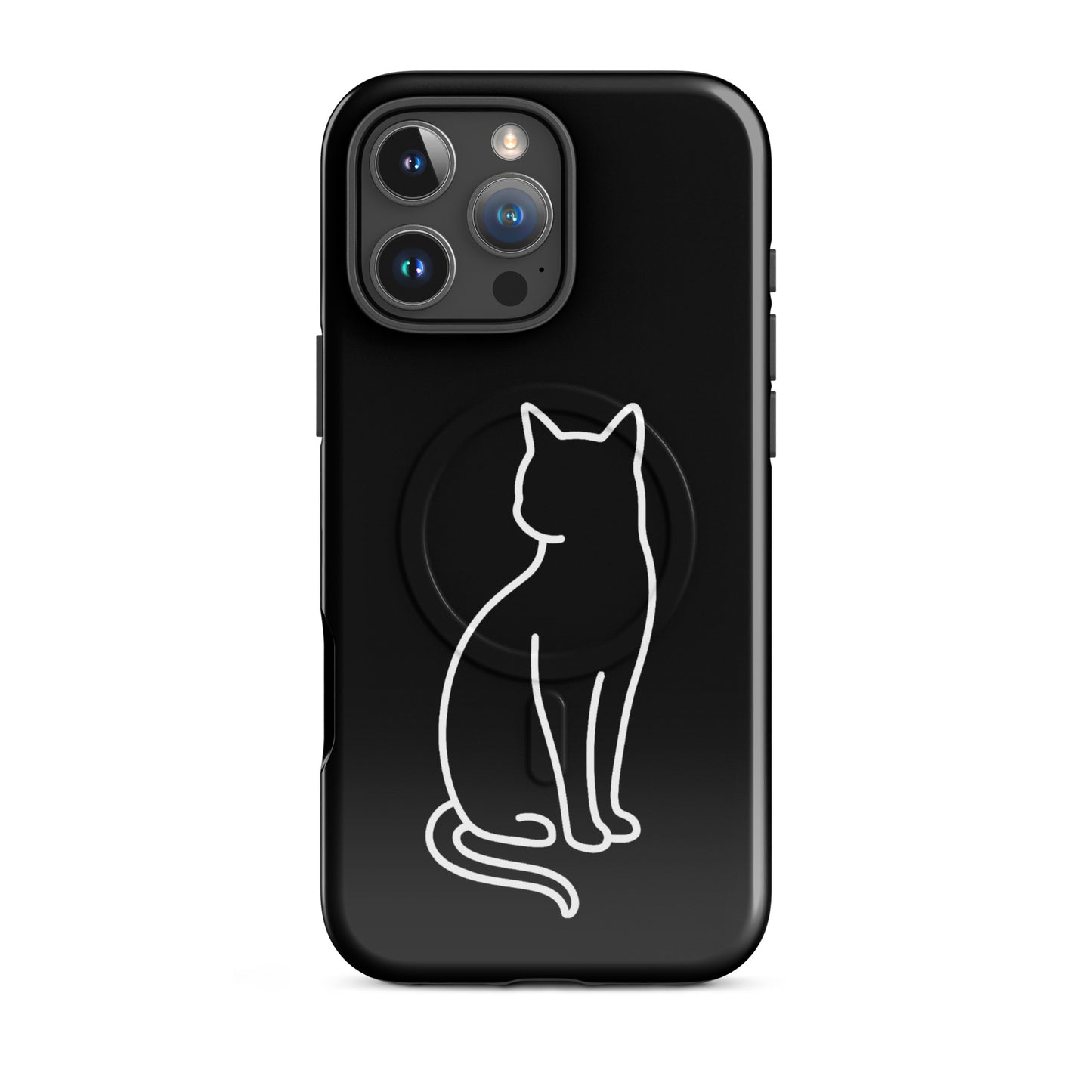 Magnetic Phone Case featuring stylish cat design for iPhone with minimalist outline on black background.