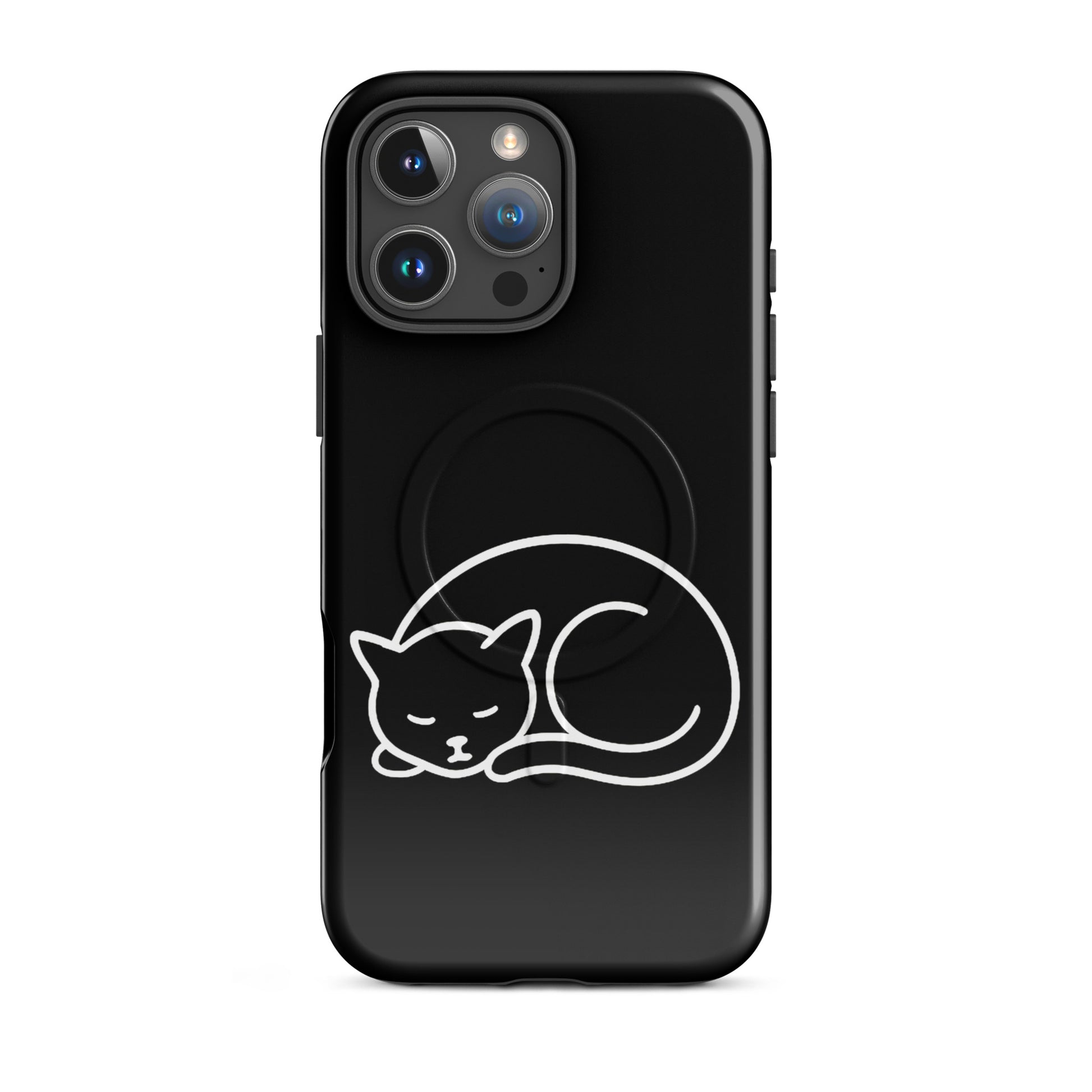 Magnetic Phone Case for iPhone featuring a minimalist curled-up cat design on a sleek black background.