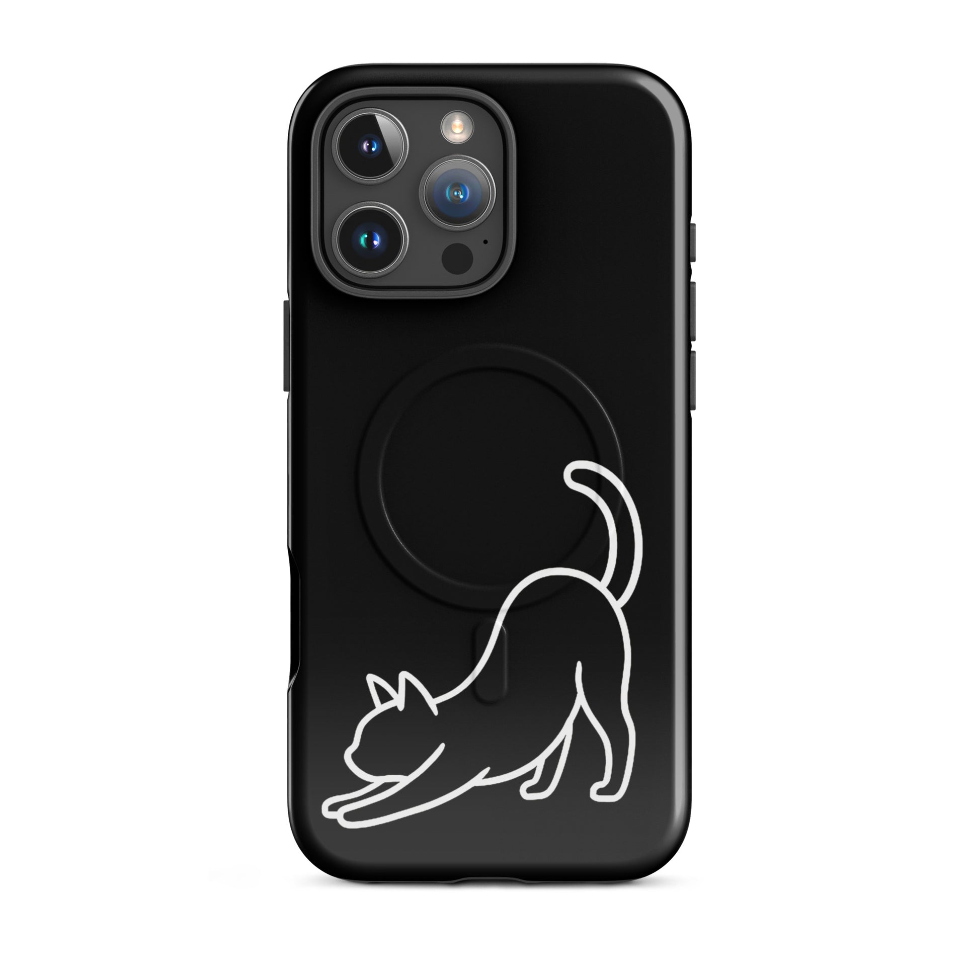 Magnetic Phone Case featuring minimalist stretching cat design on sleek black background for iPhone.