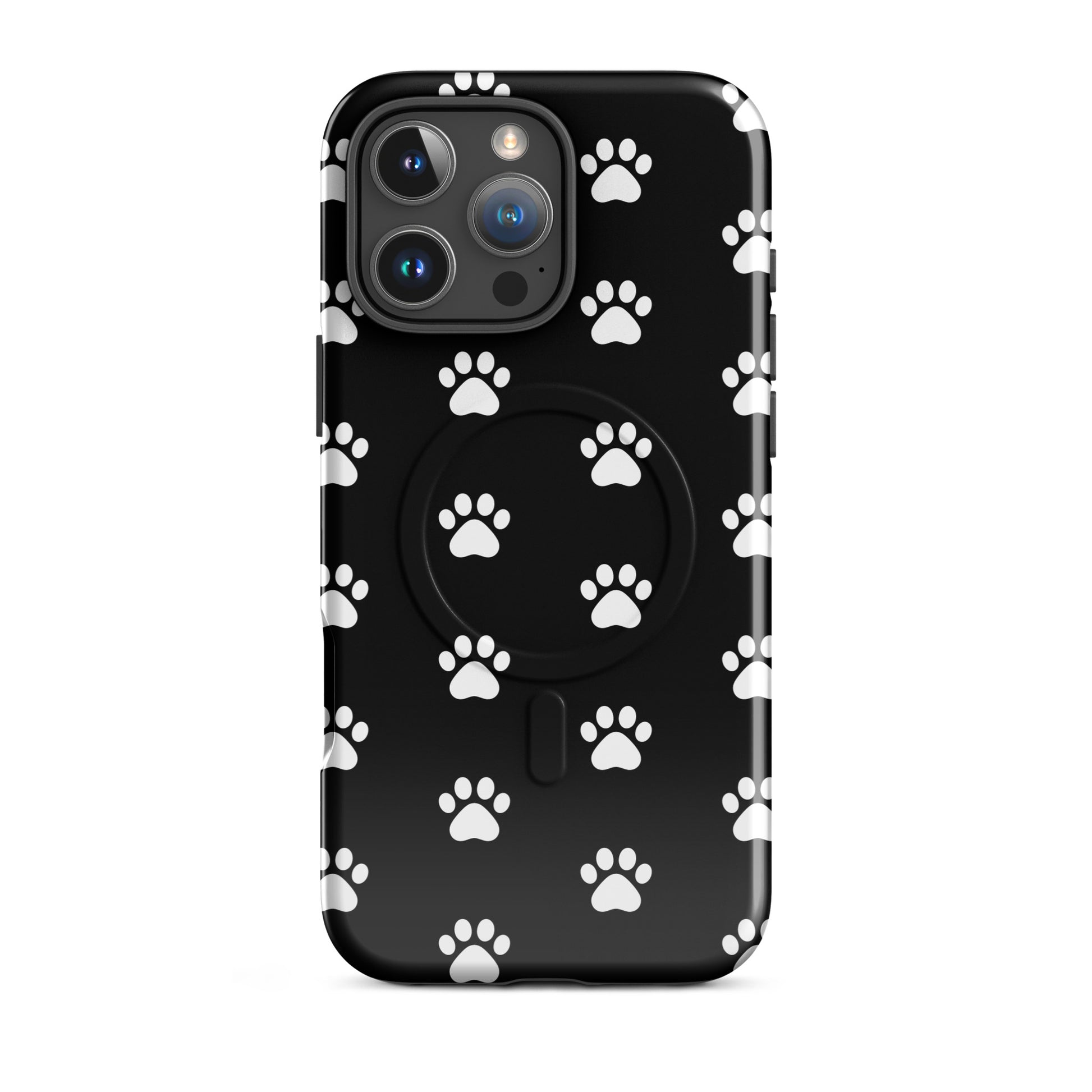 Magnetic Phone Case featuring a playful paw print design for pet lovers on a black background.