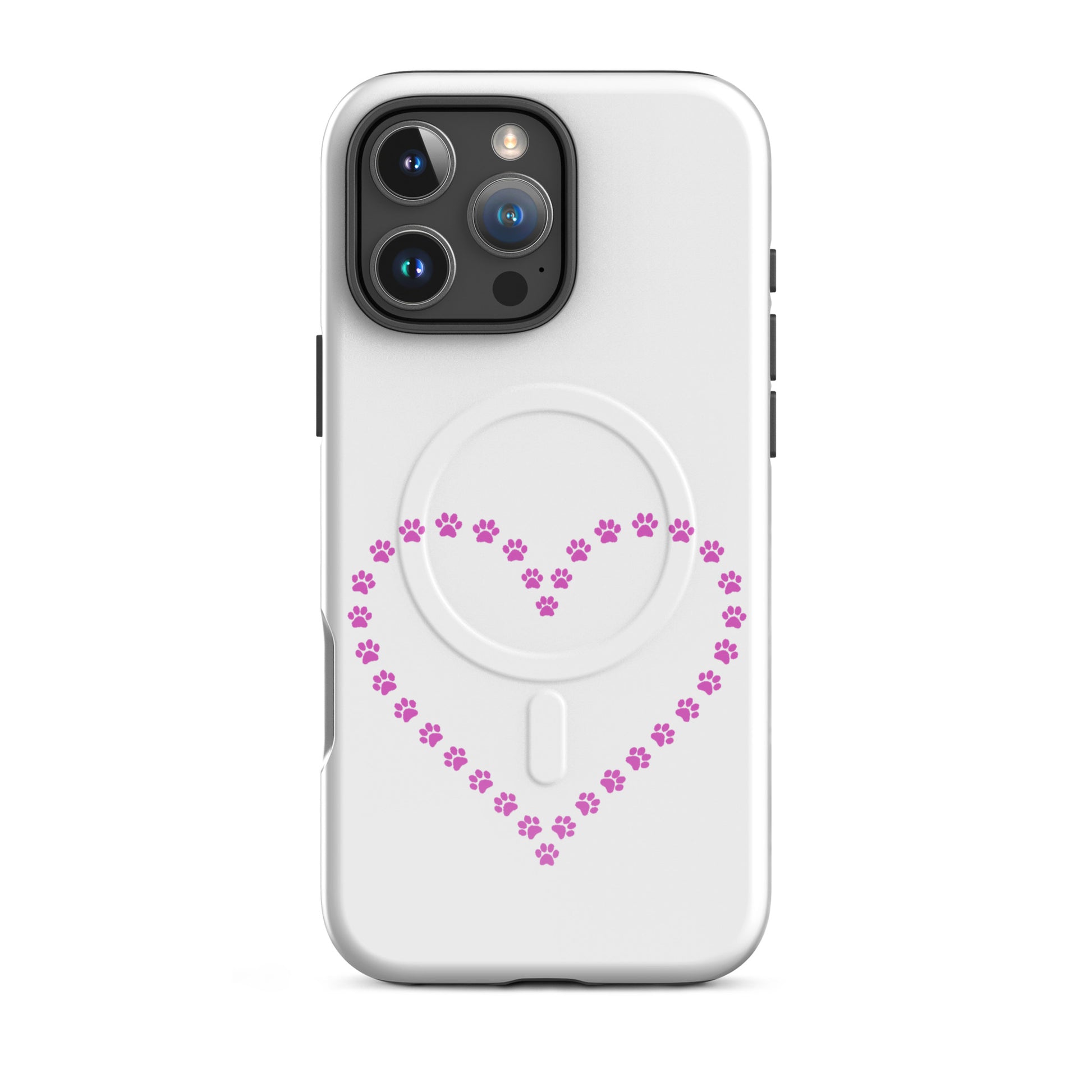 Magnetic Phone Case with paw print heart design for pet lovers, perfect for iPhone users.
