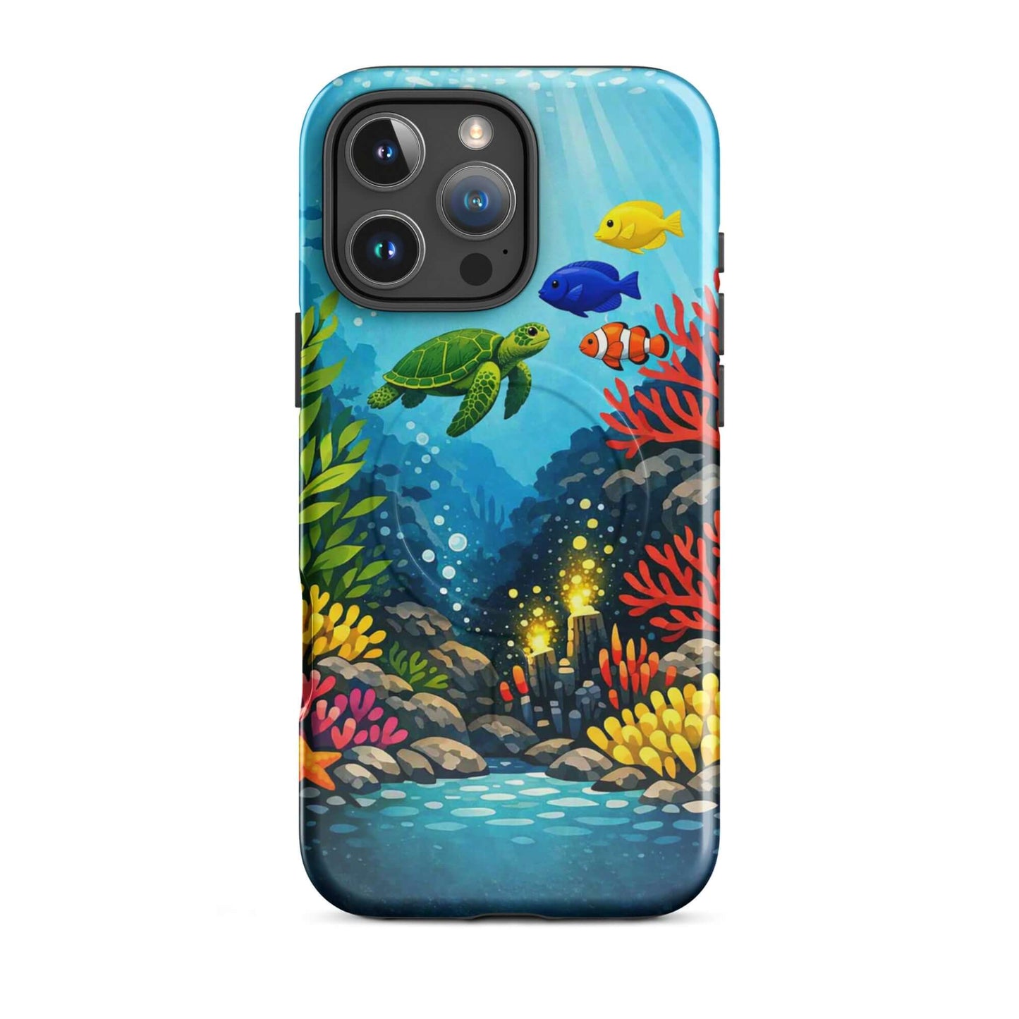 Magnetic Phone Case featuring a vibrant sea turtle and coral reef design for iPhone.