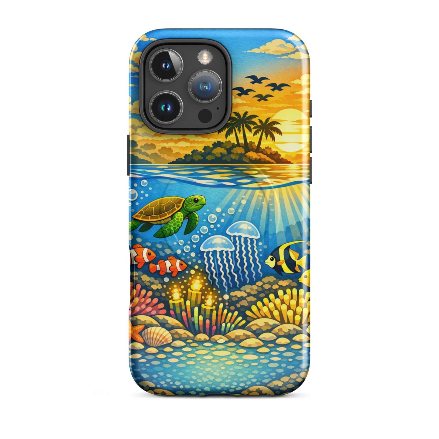 Magnetic Phone Case featuring tropical sunset, underwater reef with sea turtles and coral.