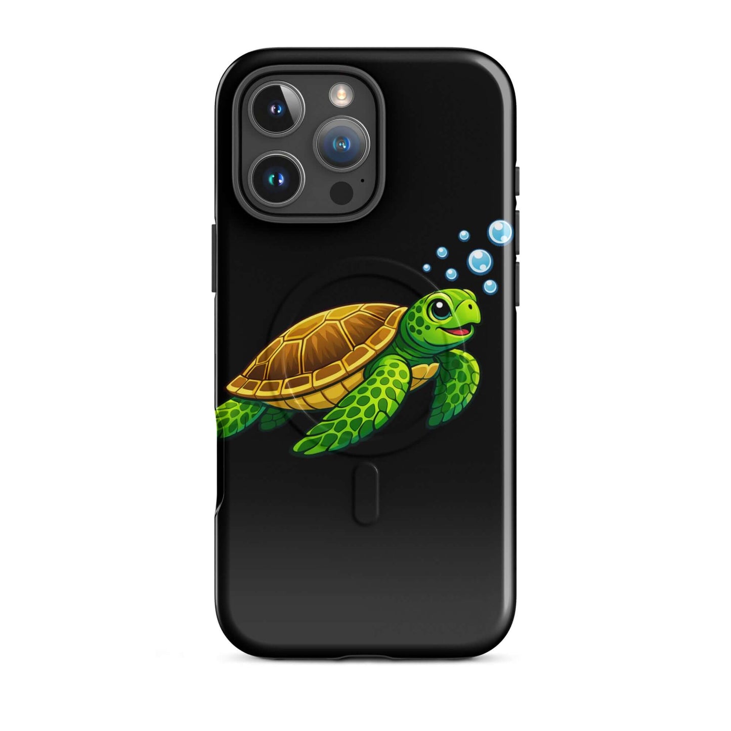 Magnetic Phone Case featuring a vibrant sea turtle design with bubbles on a sleek black background.