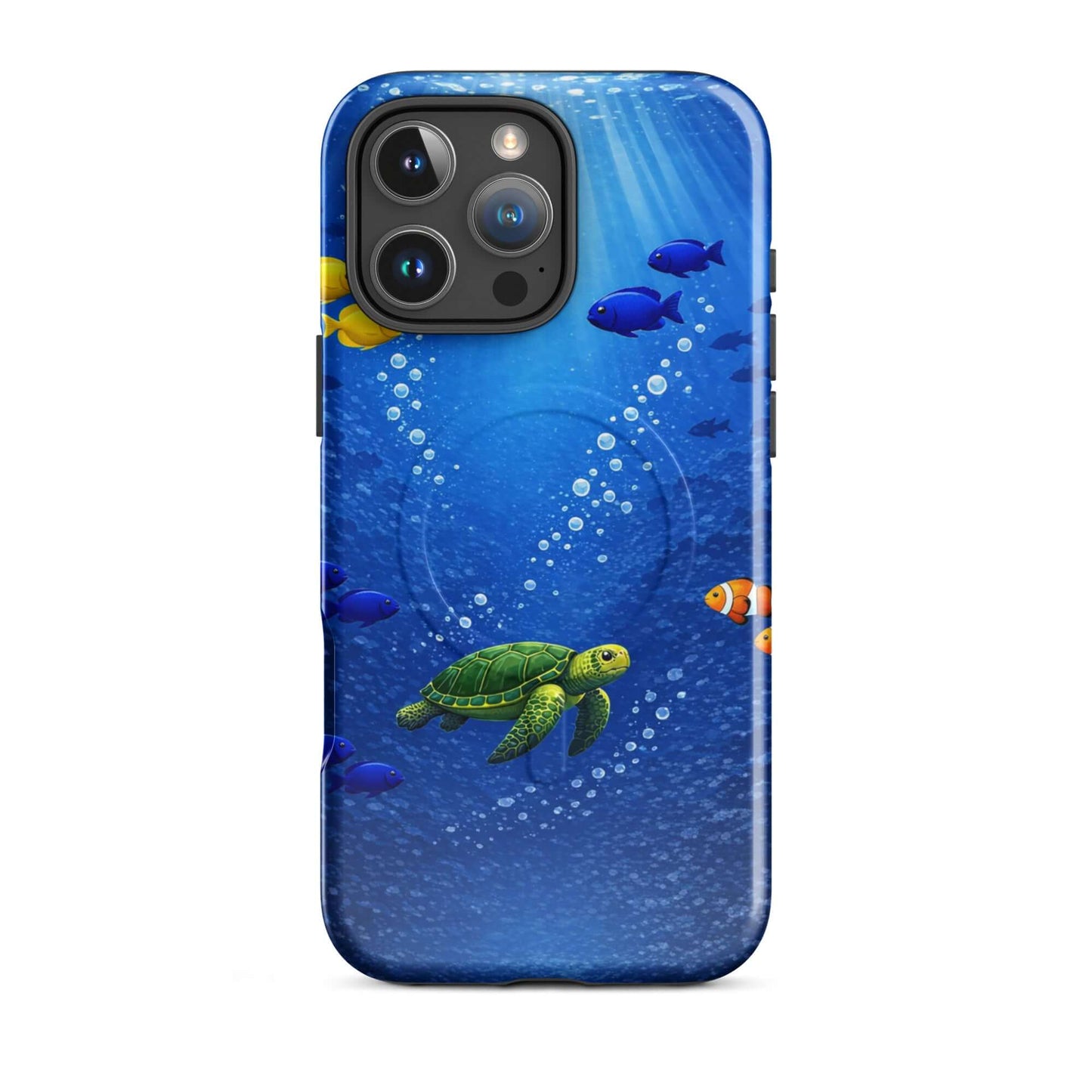 Magnetic Phone Case featuring a sea turtle and tropical fish design in vibrant blue water.