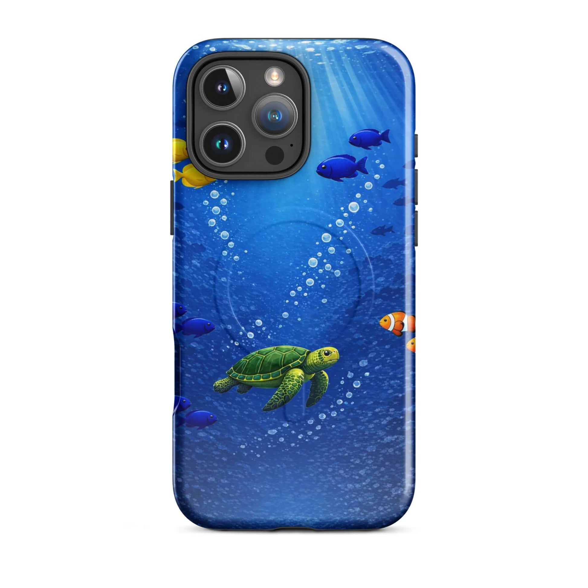 Magnetic Phone Case featuring a sea turtle and tropical fish design in vibrant blue water.