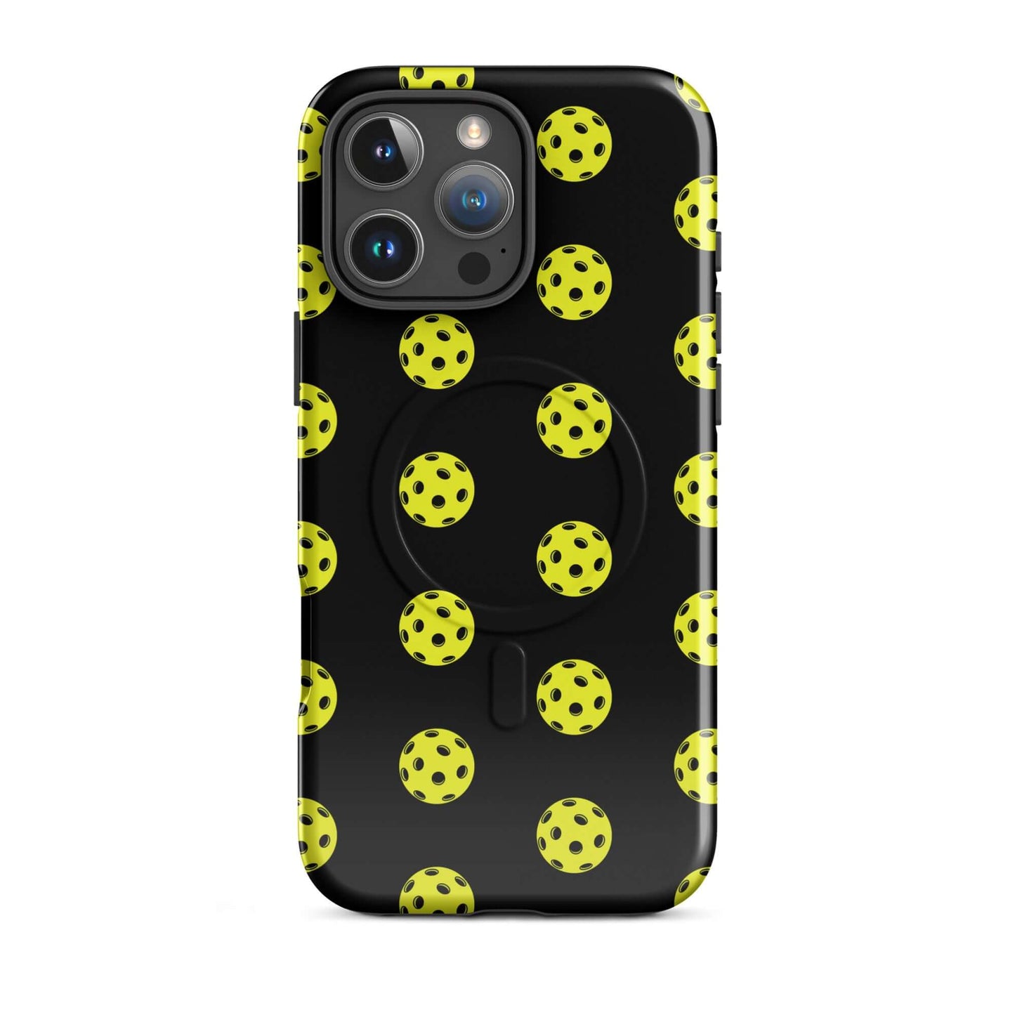 Magnetic Phone Case featuring a playful pickleball pattern in bright yellow on a sleek black background.