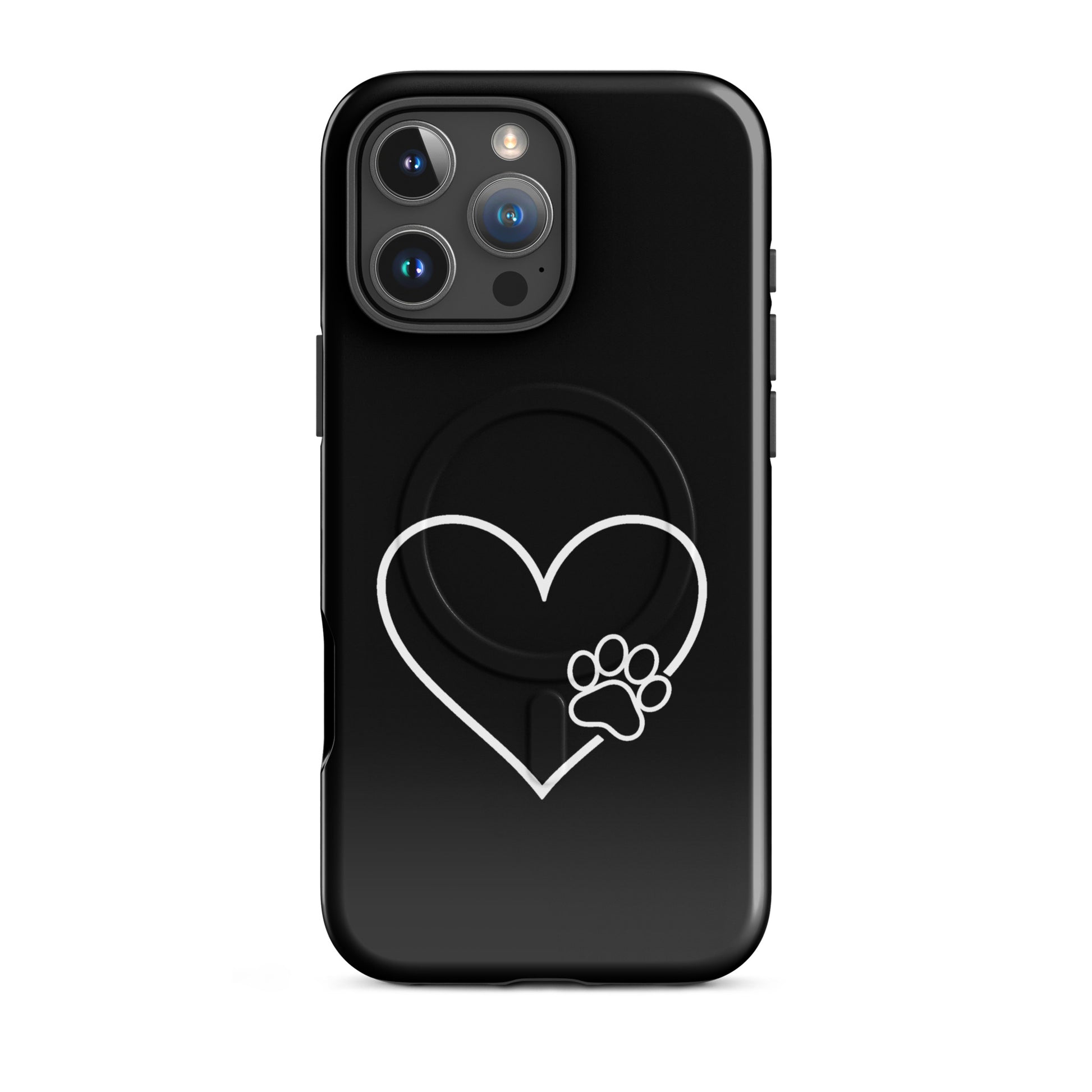 Magnetic Phone Case for iPhone with heart and paw print design in black and white, symbolizing pet love and tech protection.