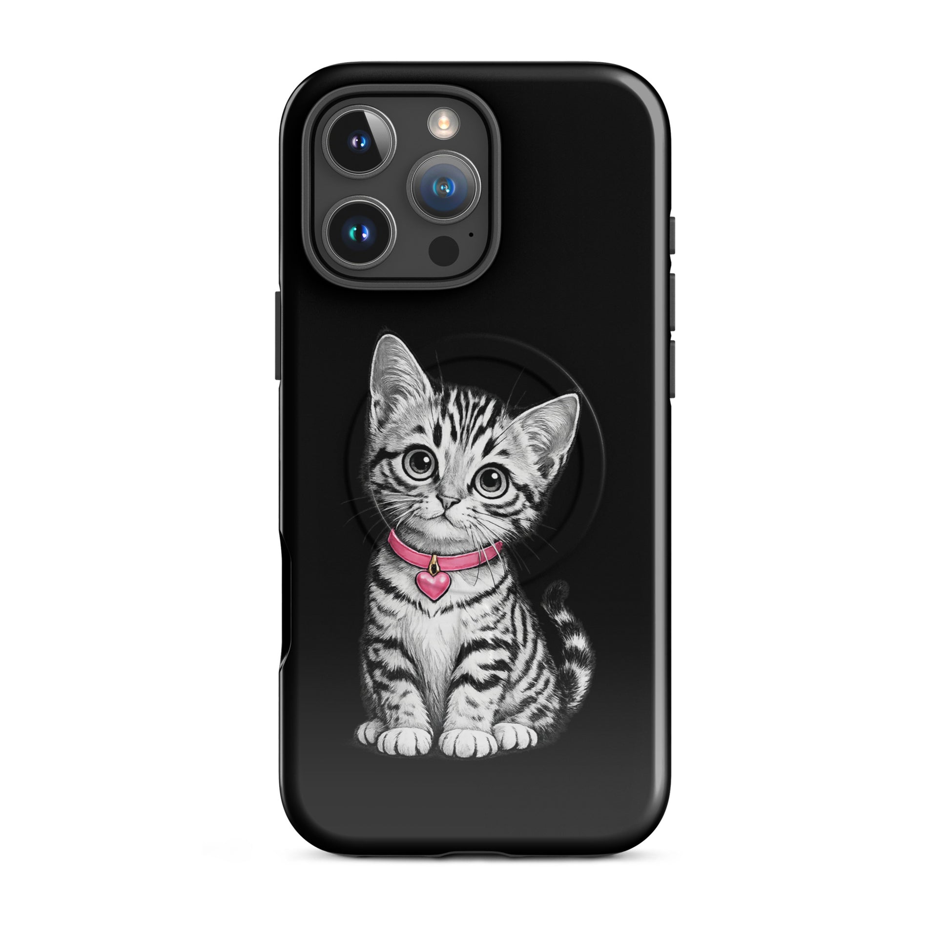 Magnetic Phone Case for iPhone with kitten design, pink collar, and heart charm in pencil sketch style.