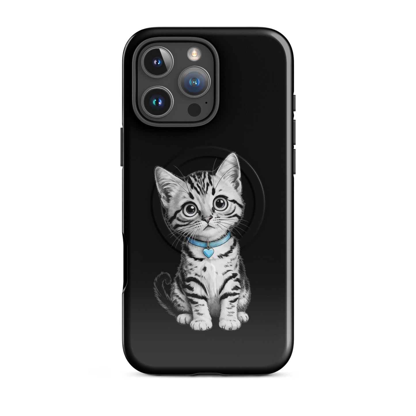 Magnetic Phone Case with kitten design, blue collar, and heart charm for iPhone in pencil-sketch style.