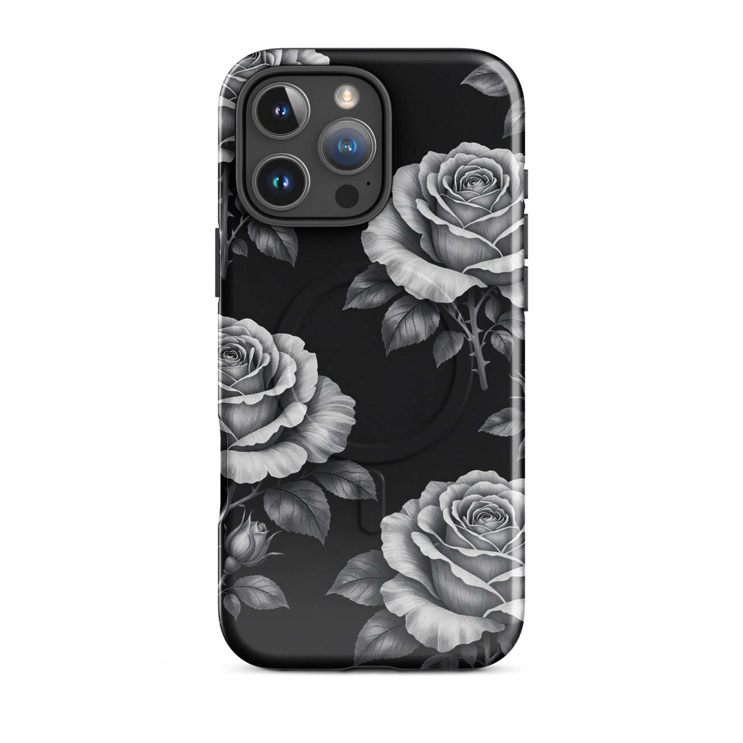 Magnetic Phone Case with rose garden design for iPhone, featuring hand-sketched roses on a black background.