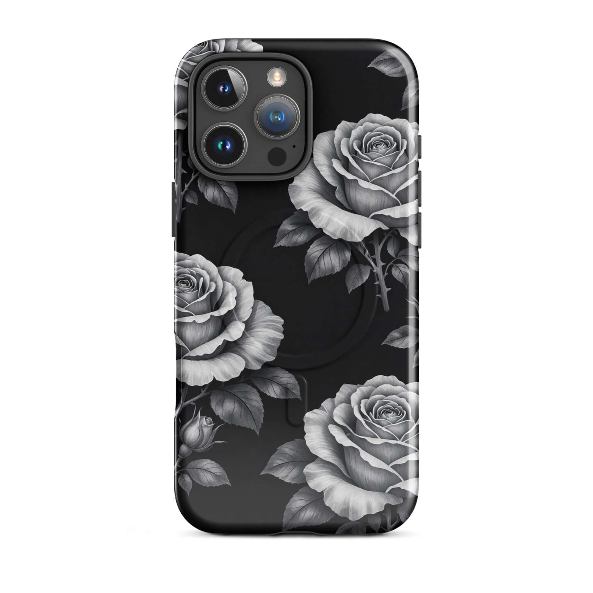Magnetic Phone Case with rose garden design for iPhone, featuring hand-sketched roses on a black background.
