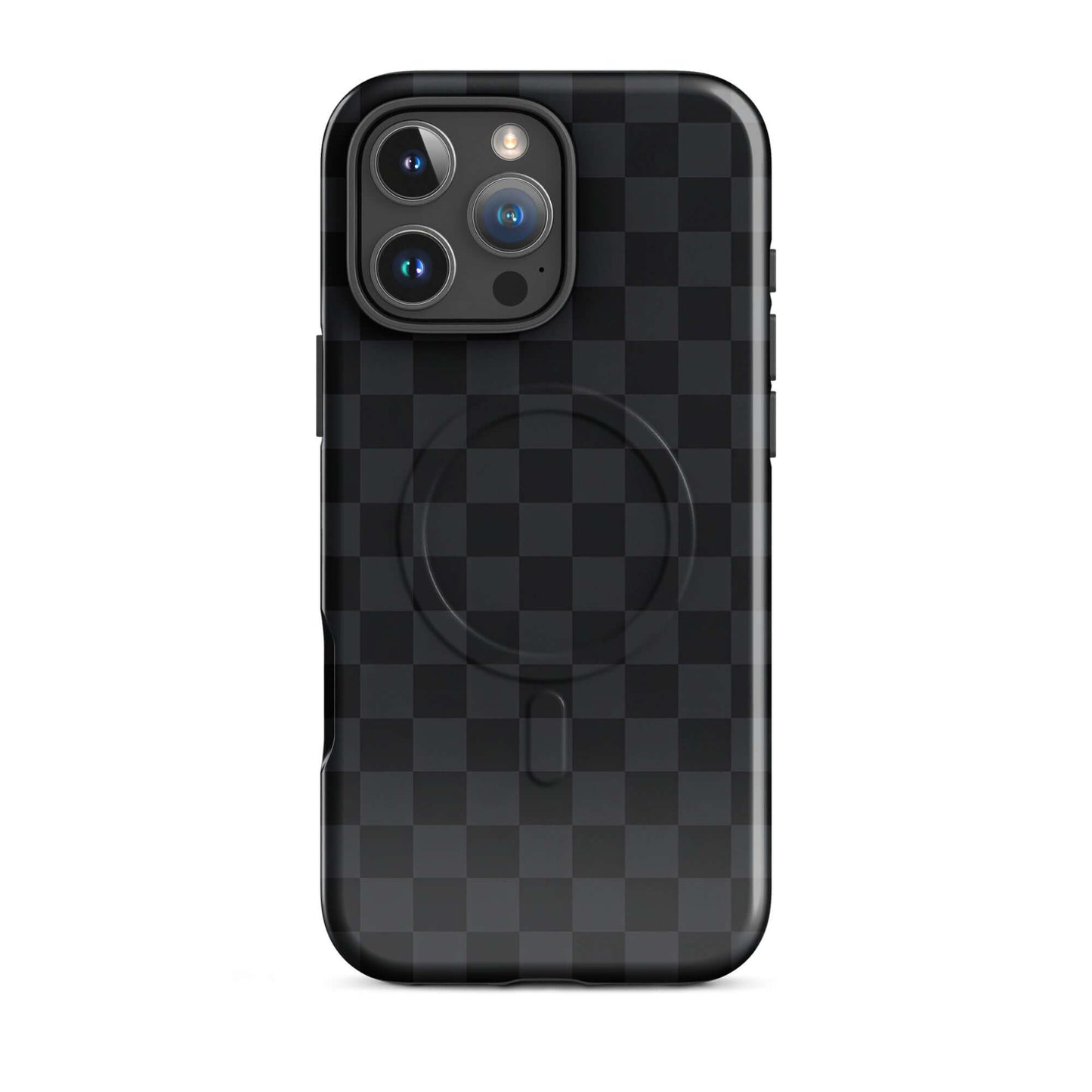 Magnetic Phone Case for iPhone with black and charcoal checkered design, showcasing sleek and modern style.