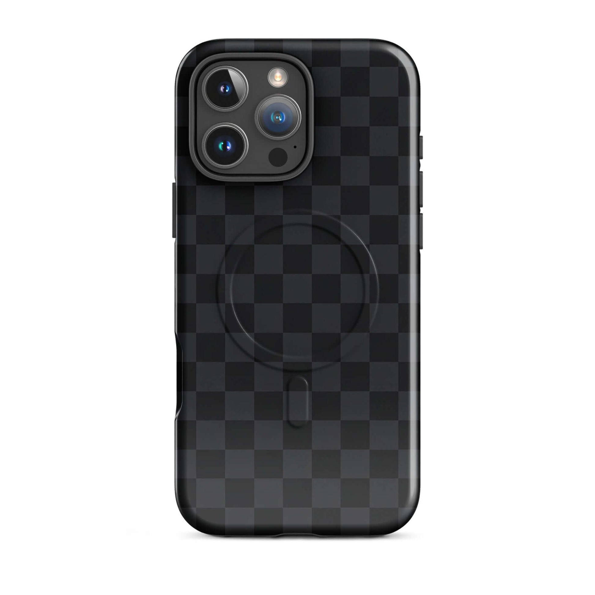 Magnetic Phone Case for iPhone with black and charcoal checkered design, showcasing sleek and modern style.