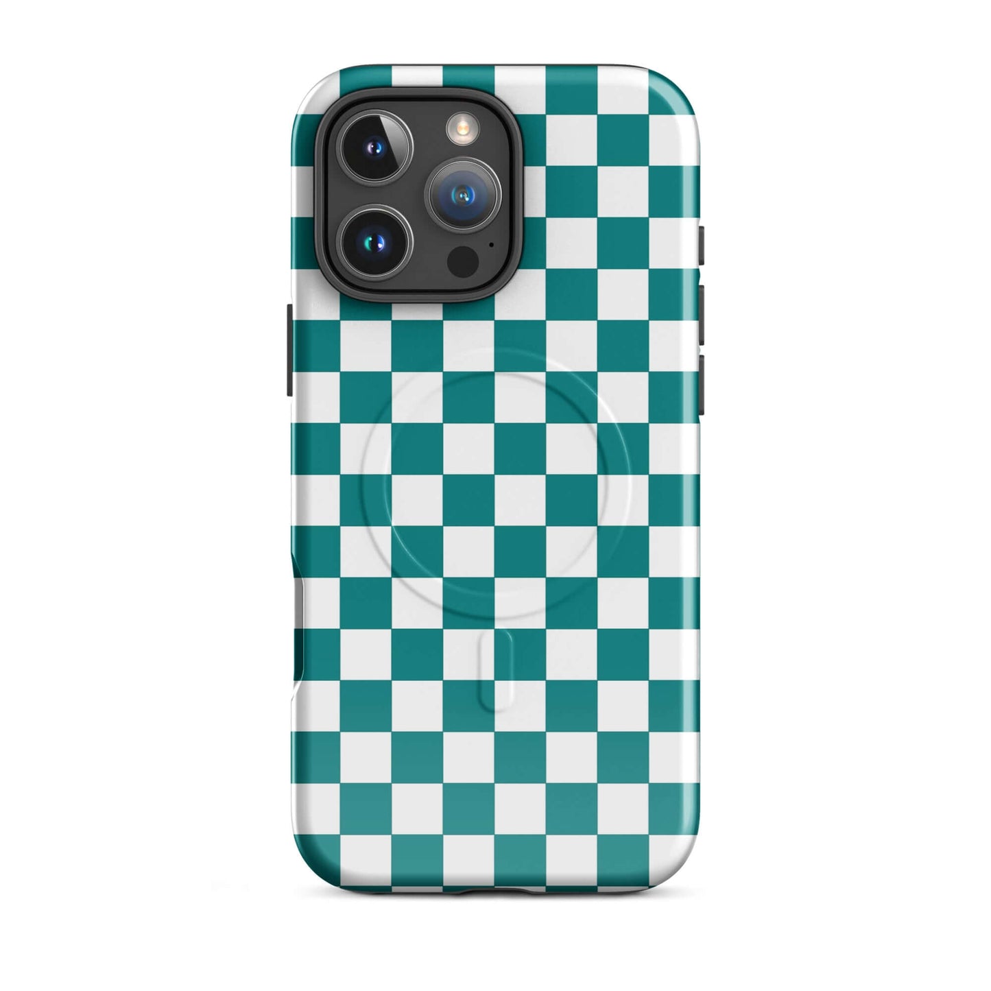 Magnetic Phone Case with teal and white checkered design enhancing style and personality, perfect for everyday carry and selfies.