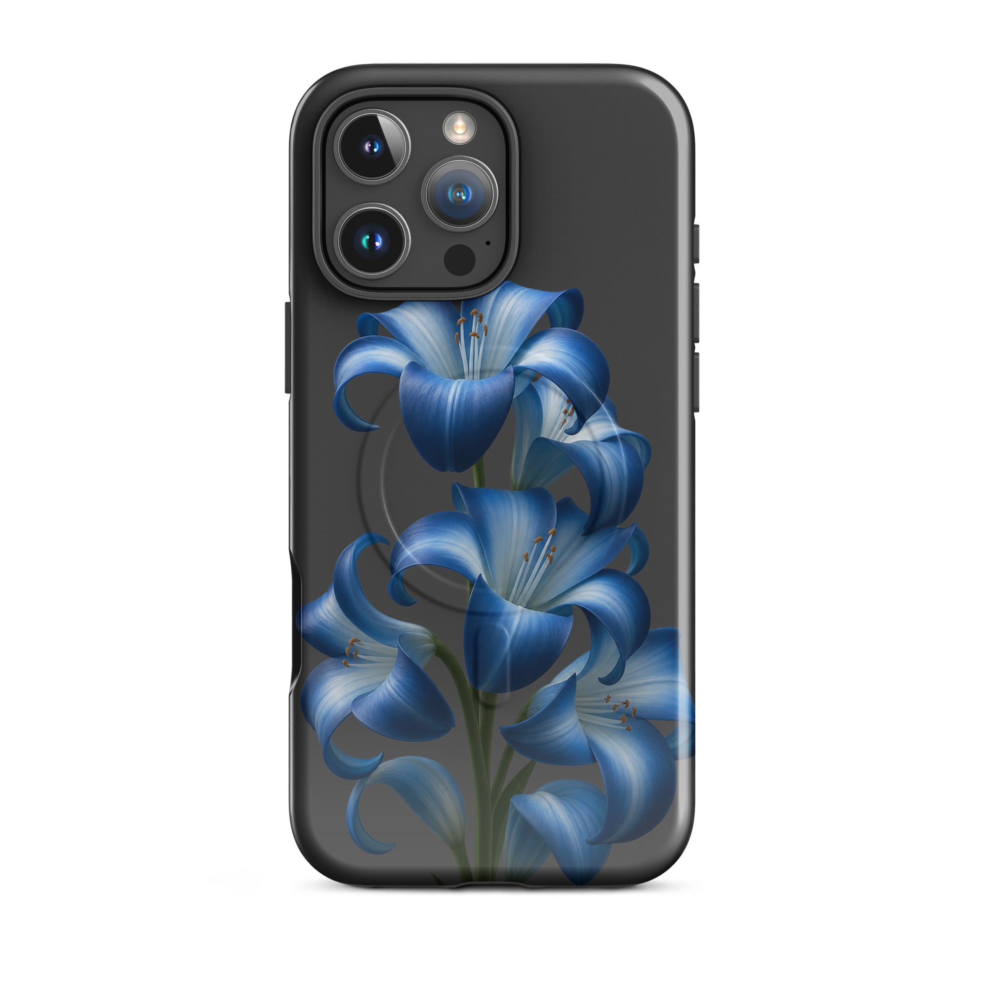 Magnetic Phone Case with Blue Lily Bloom Art for iPhone on dark backdrop, showcasing floral design and premium protection.