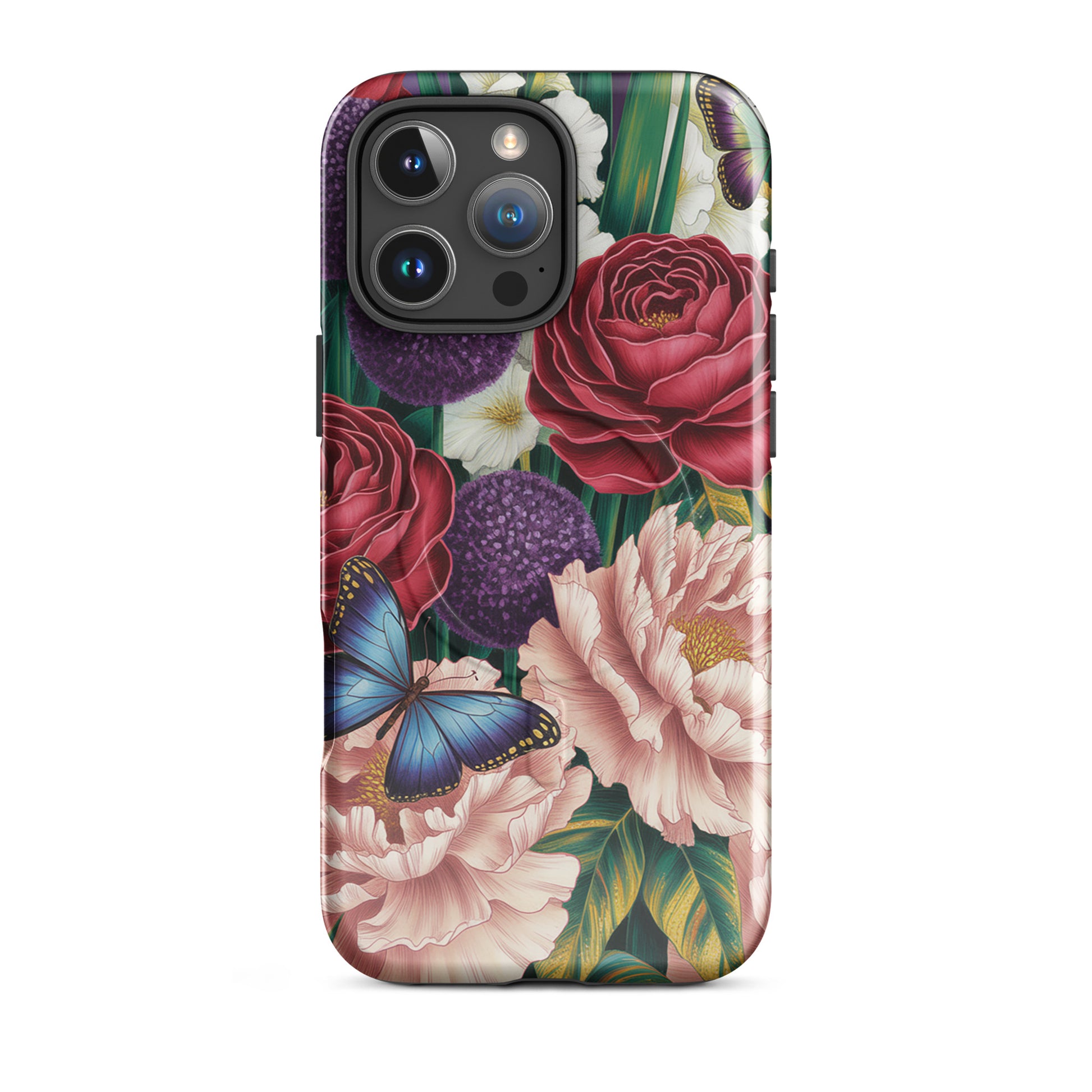 Magnetic Phone Case for iPhone featuring botanical garden design with roses, peonies, alliums, butterflies, and lush foliage.