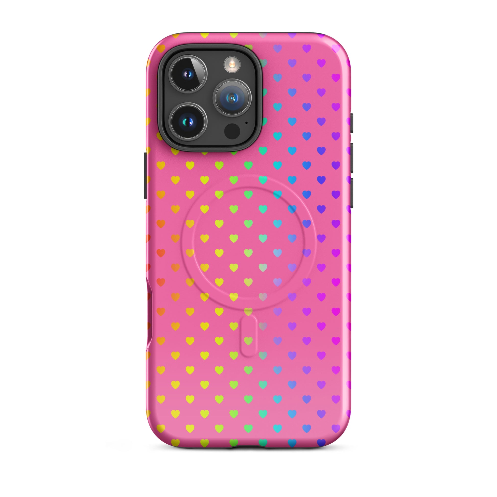 Magnetic Phone Case for iPhone with cute rainbow hearts on pink background, offering a playful and protective design.