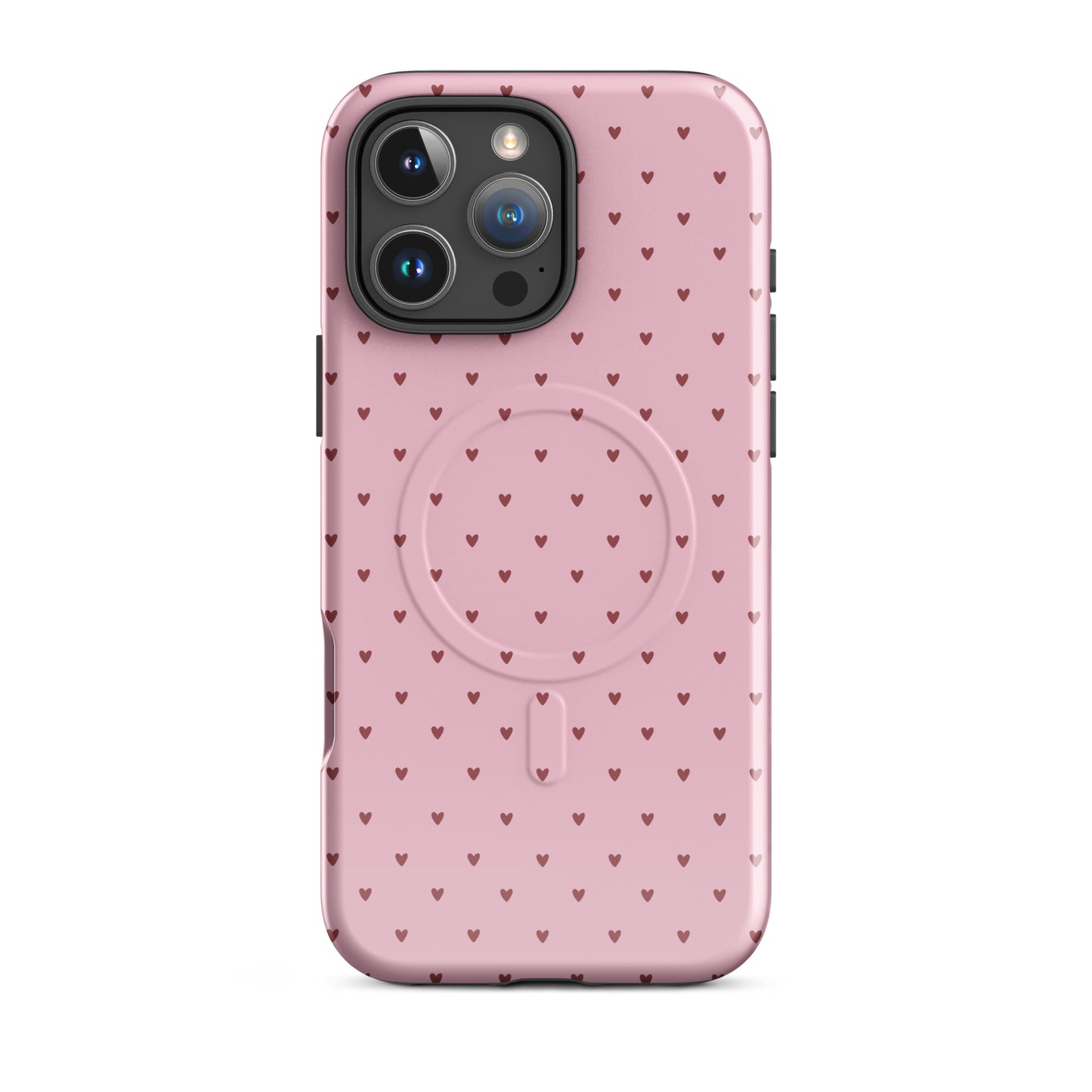 Magnetic Phone Case for iPhone with heart-dot pattern, featuring a playful and stylish design with pink hearts on a bold background.
