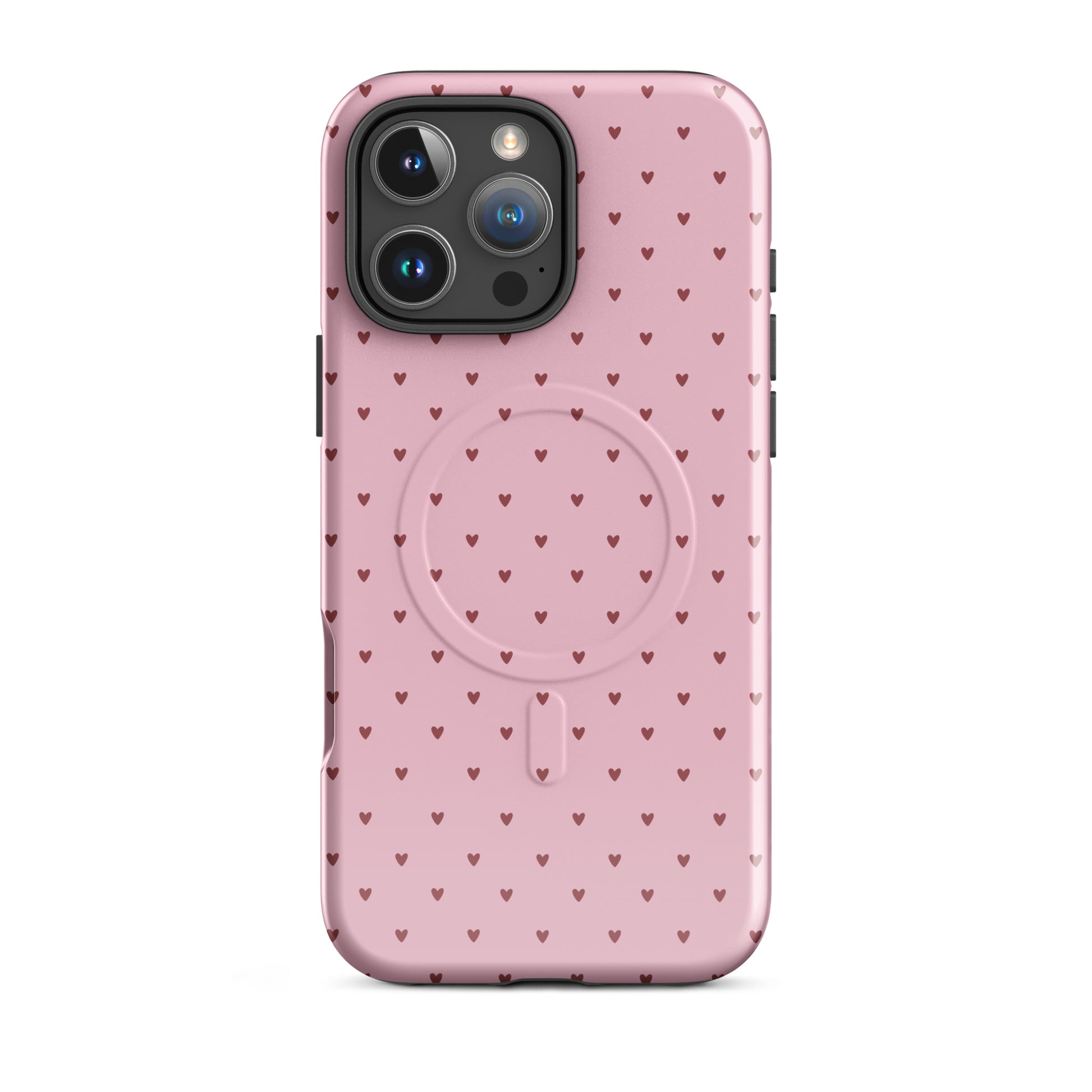 Magnetic Phone Case for iPhone with heart-dot pattern, featuring a playful and stylish design with pink hearts on a bold background.