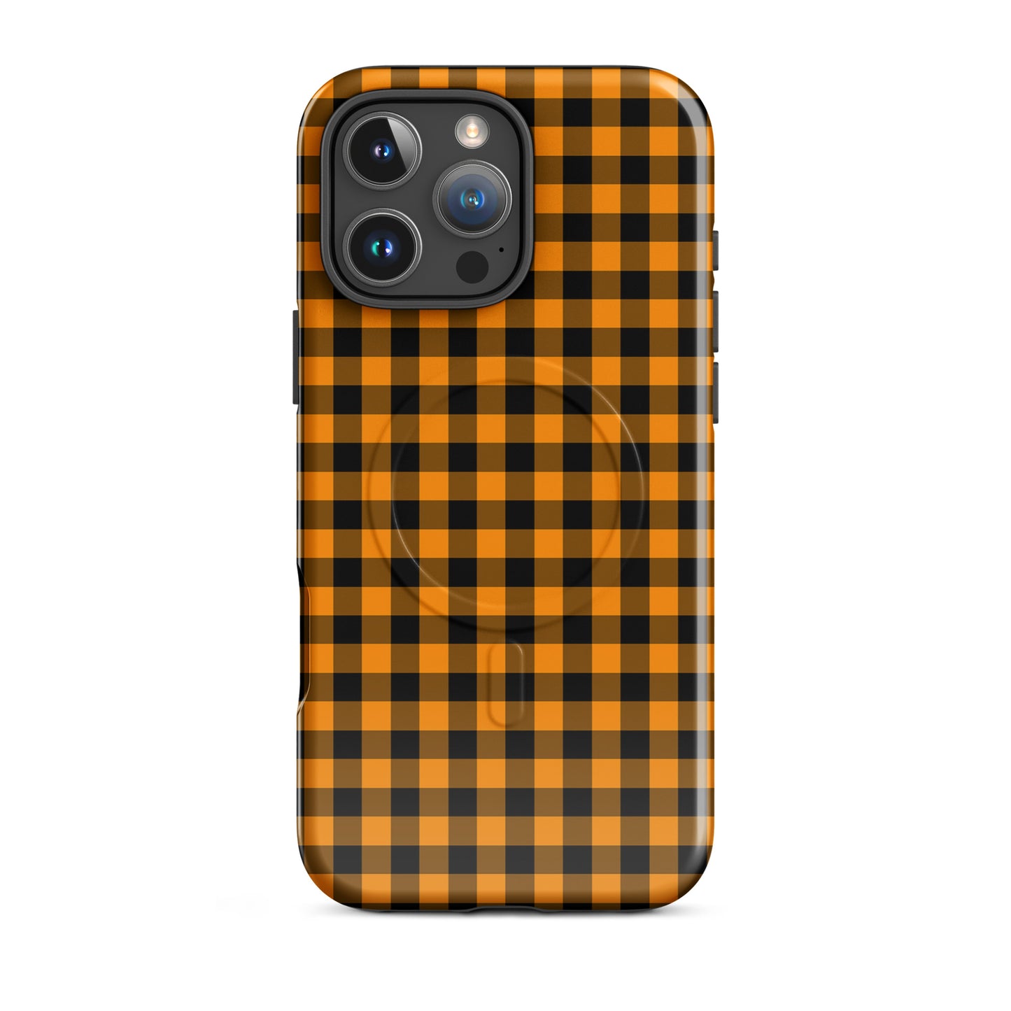 Magnetic Phone Case with black-and-orange gingham autumn theme for iPhone