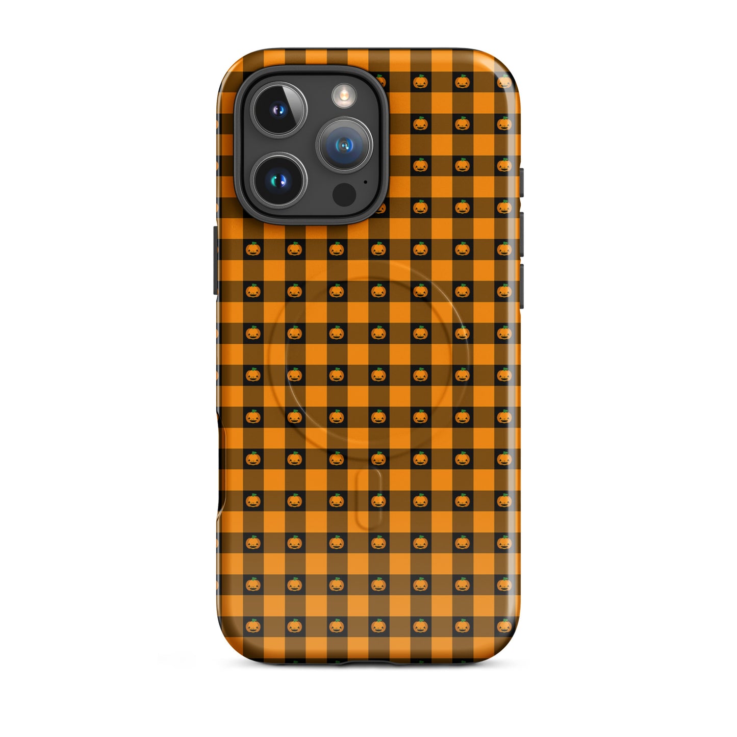 Magnetic Phone Case for iPhone with Halloween pumpkin gingham design, featuring jack-o'-lanterns on a festive orange and black checkered pattern.