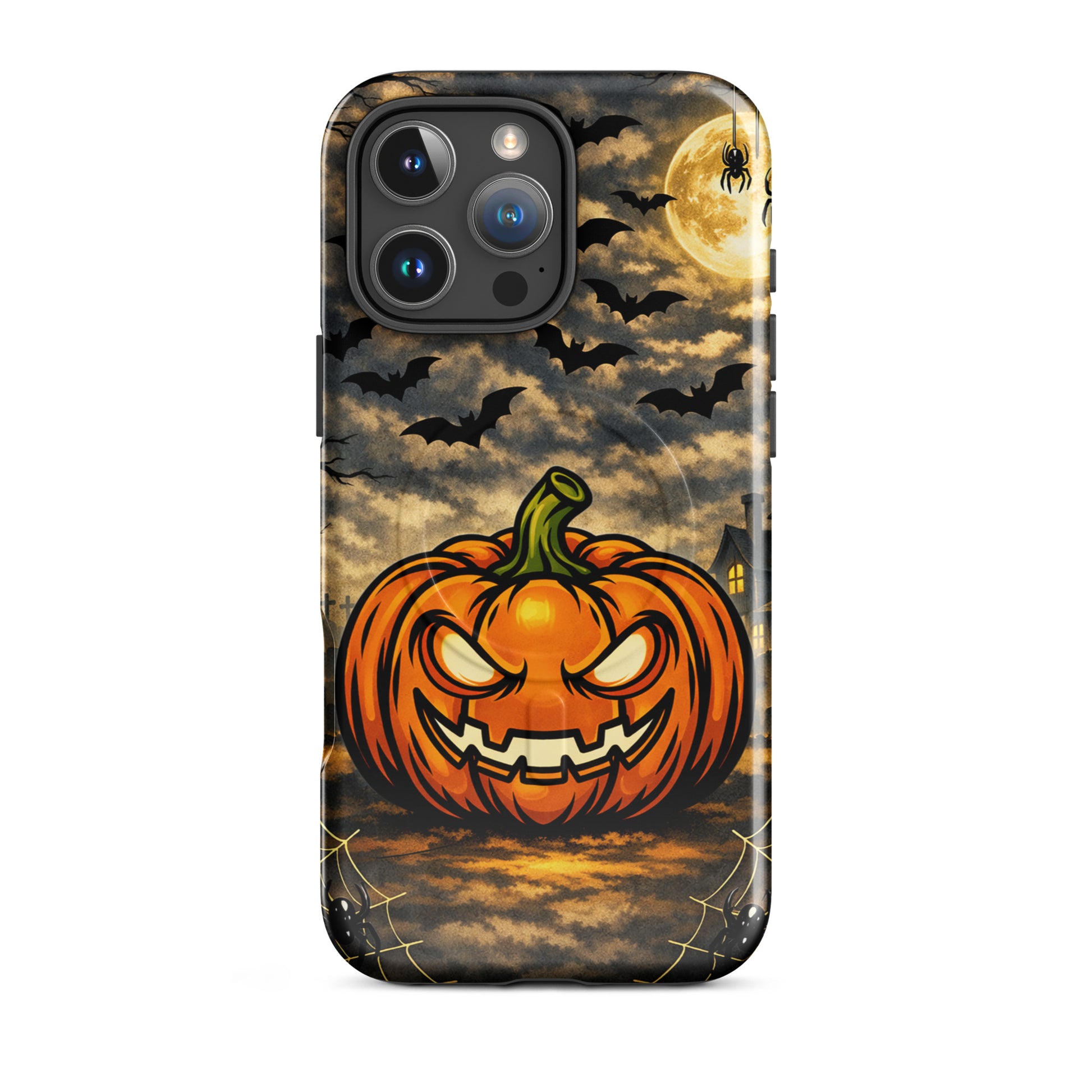 Magnetic Phone Case with Halloween pumpkin, bats, moonlit clouds scene for iPhone.