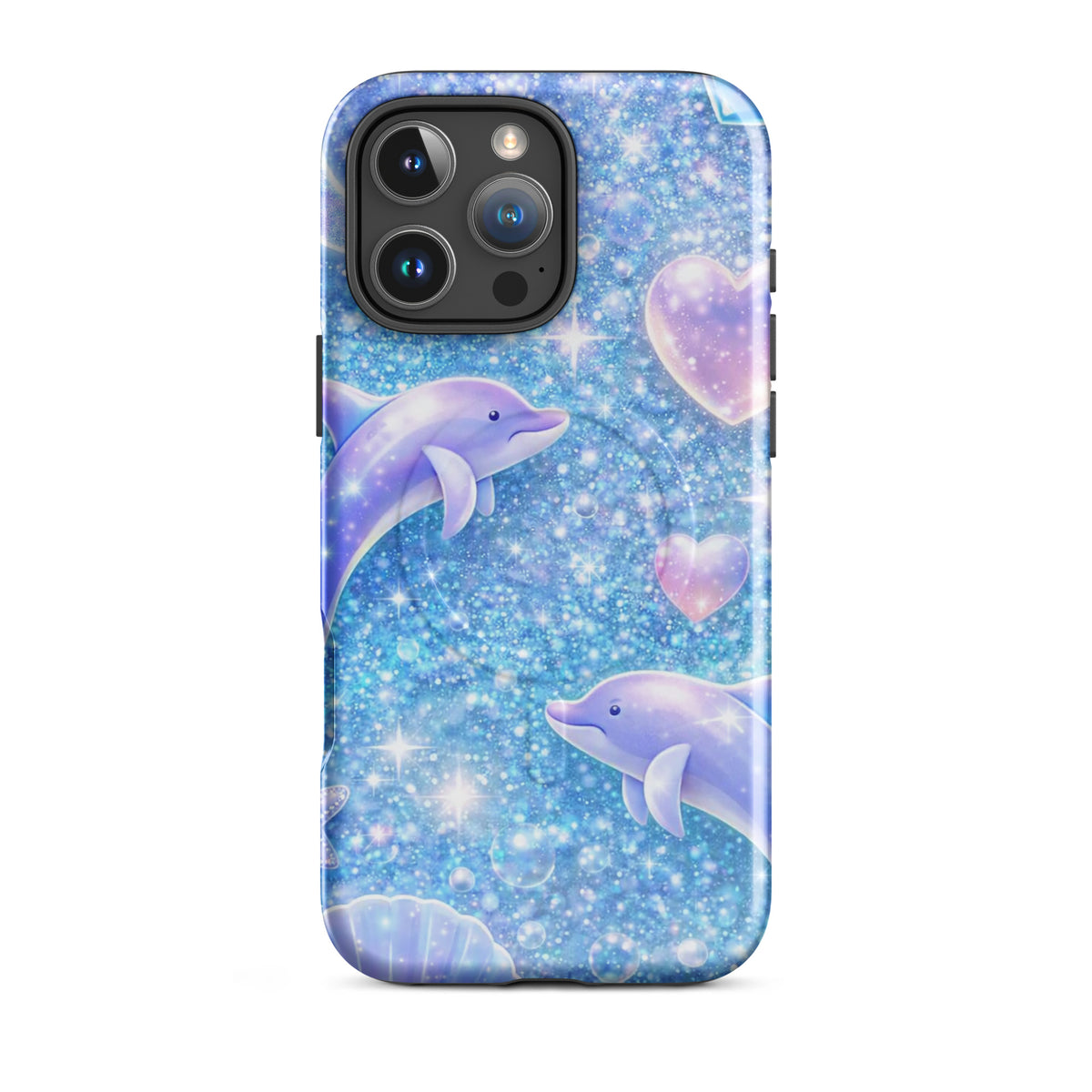 Magnetic Phone Case with ocean glitter dolphins and celestial accents for iPhone, featuring playful sparkles and dreamy design.