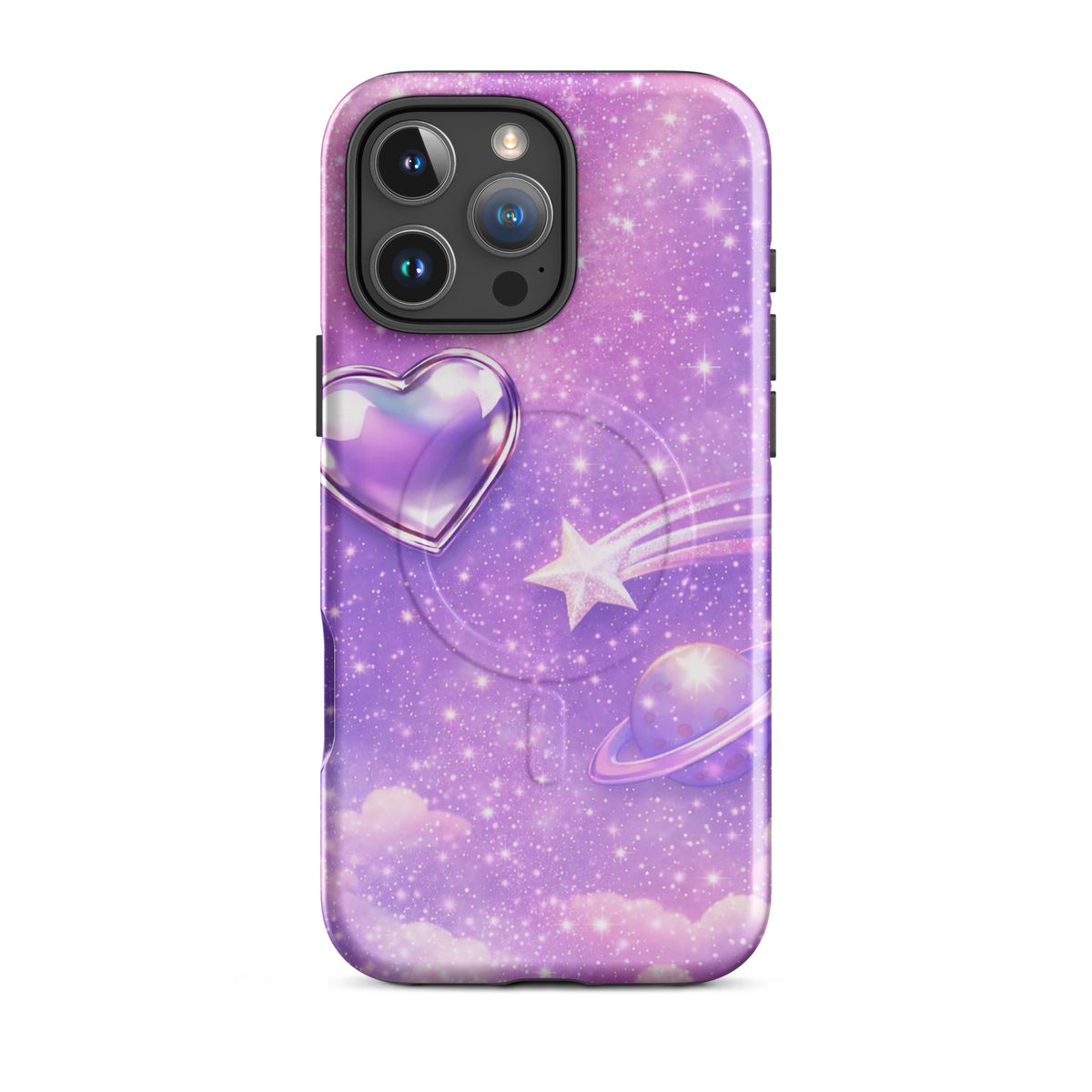 Magnetic Phone Case for iPhone with cosmic heart and shooting star design over pastel clouds.