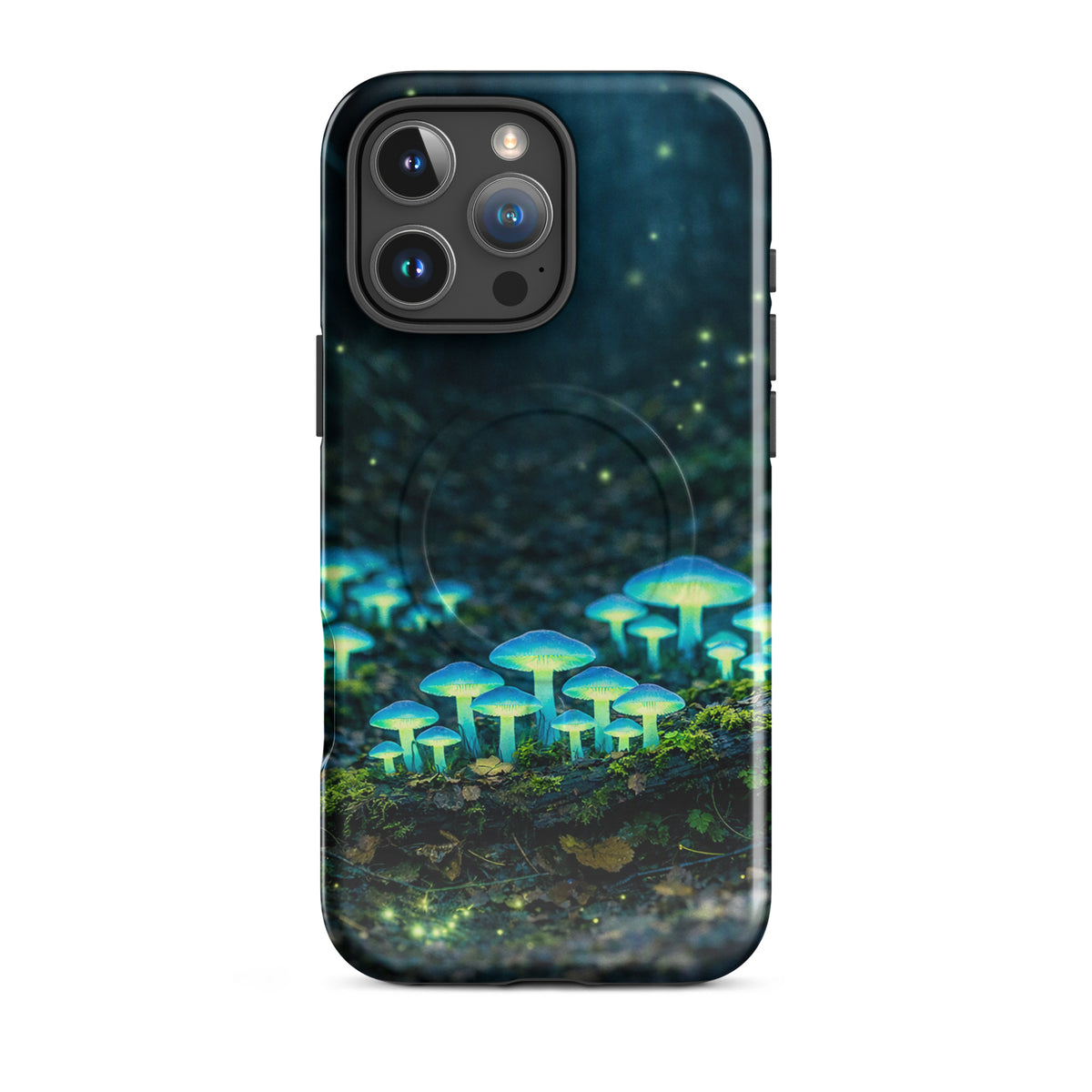 Magnetic Phone Case featuring bioluminescent forest mushrooms with an ethereal glow, designed for iPhone enthusiasts seeking a magical touch.
