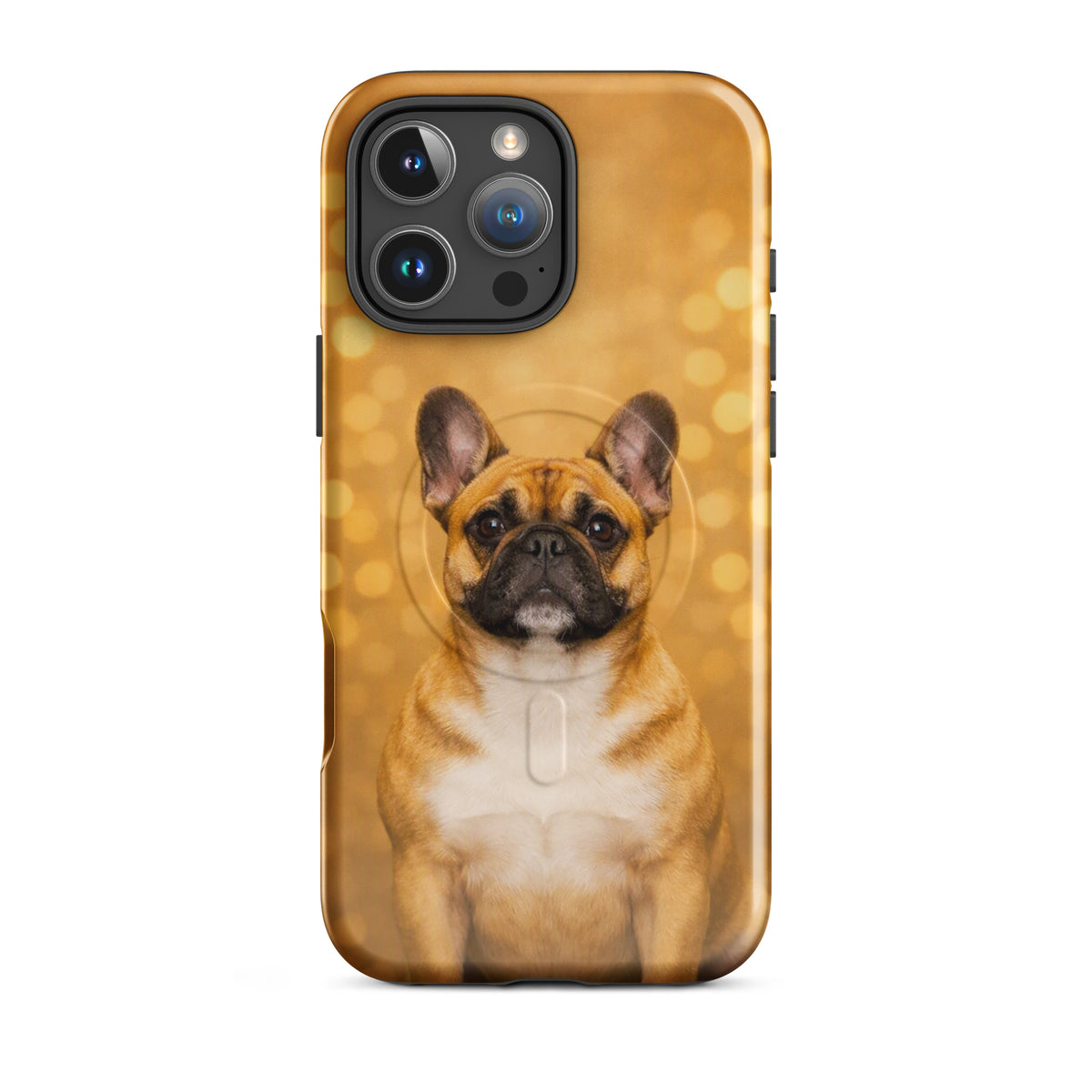 Magnetic Phone Case for iPhone with French Bulldog Portrait against golden bokeh background, blending charm and playfulness.