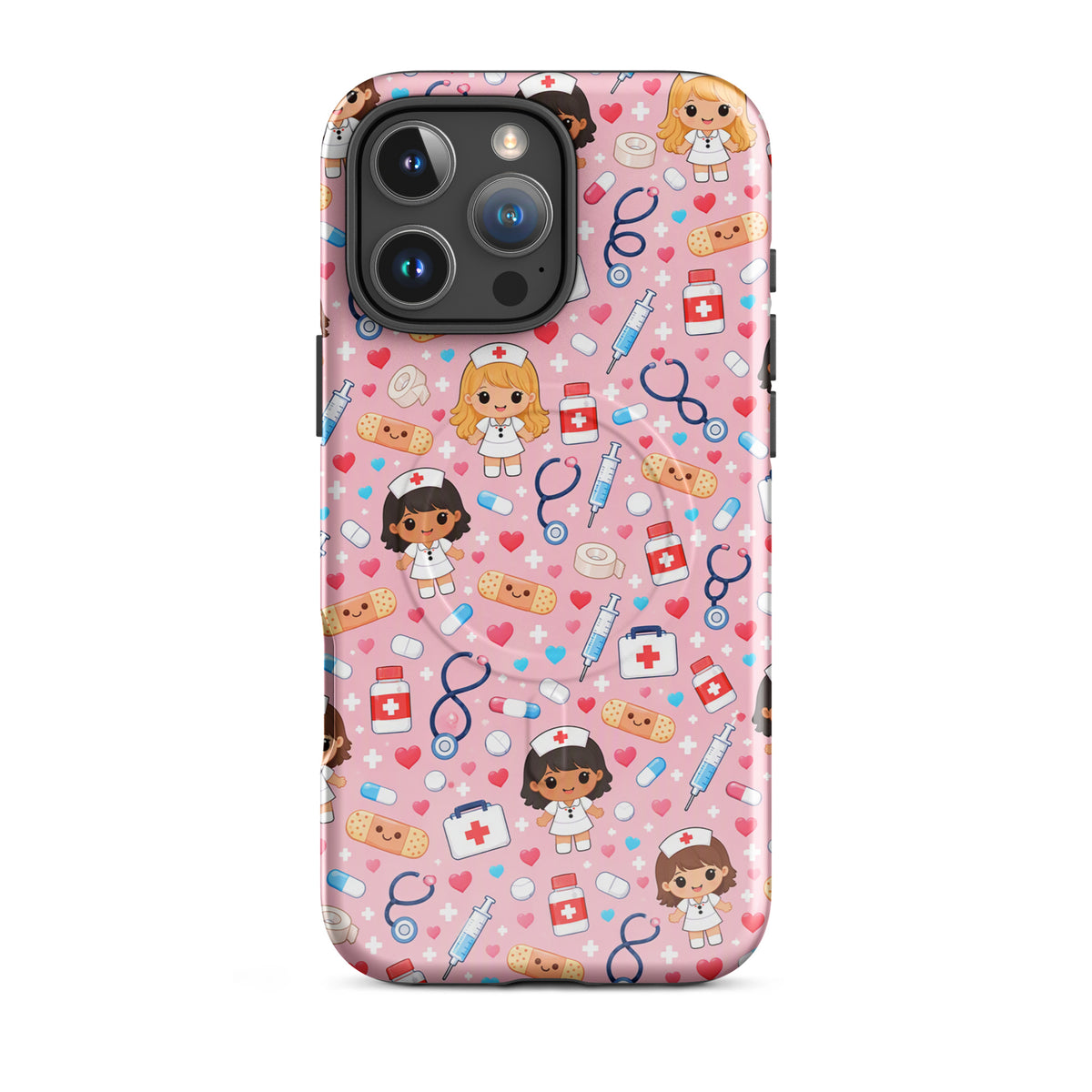 Magnetic Phone Case for iPhone with kawaii nurse pattern, featuring medical icons like stethoscopes, syringes, and pills on a pink background.