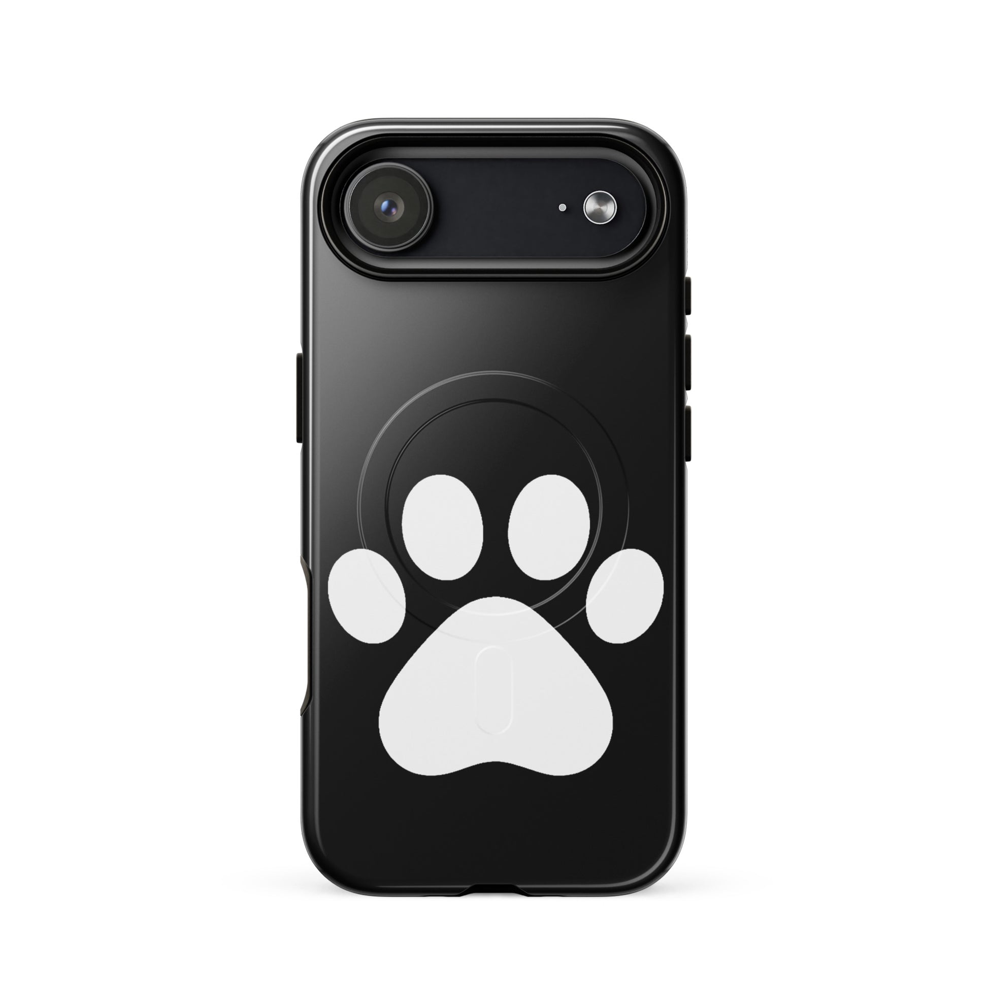 Magnetic Phone Case featuring a minimalist black design with a white paw print, perfect for pet lovers.