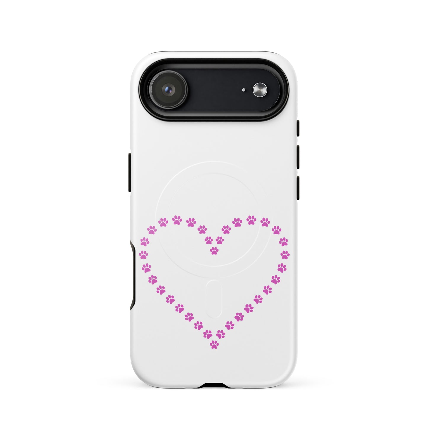 Magnetic Phone Case featuring a playful heart design made of pink paw prints for pet lovers.