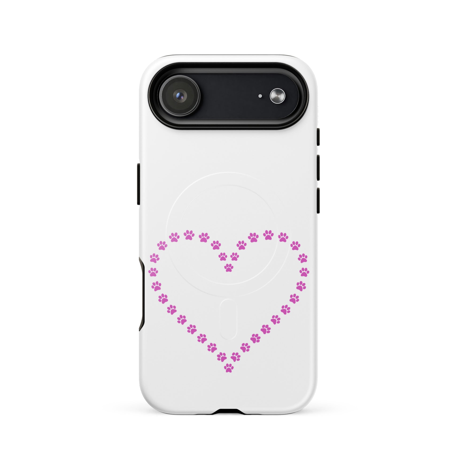 Magnetic Phone Case featuring a playful heart design made of pink paw prints for pet lovers.