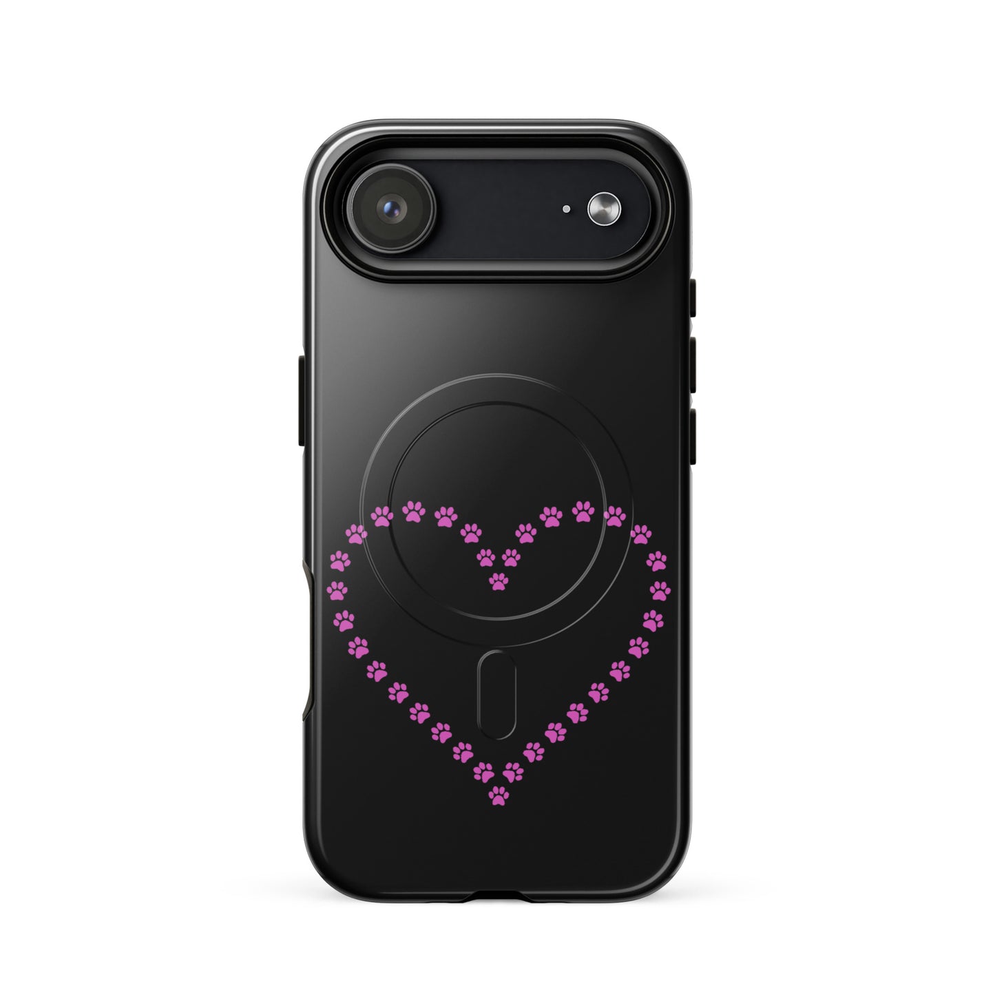 Magnetic Phone Case featuring a heart design made of pink paw prints, perfect for pet lovers.