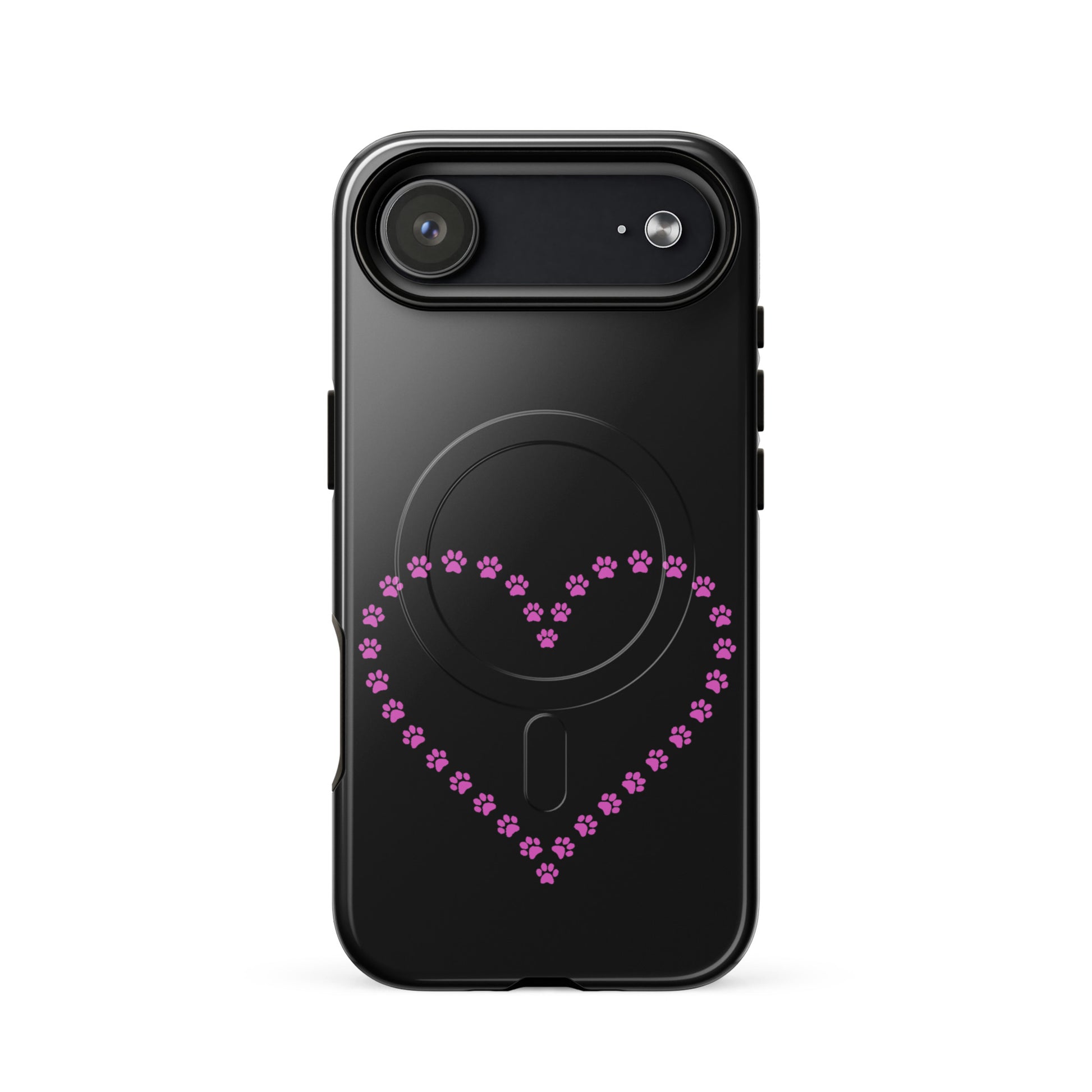 Magnetic Phone Case featuring a heart design made of pink paw prints, perfect for pet lovers.