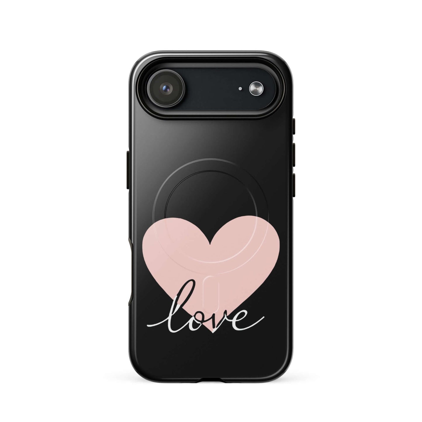 Magnetic Phone Case featuring a soft pink heart and flowing script 'love' design for stylish device protection.