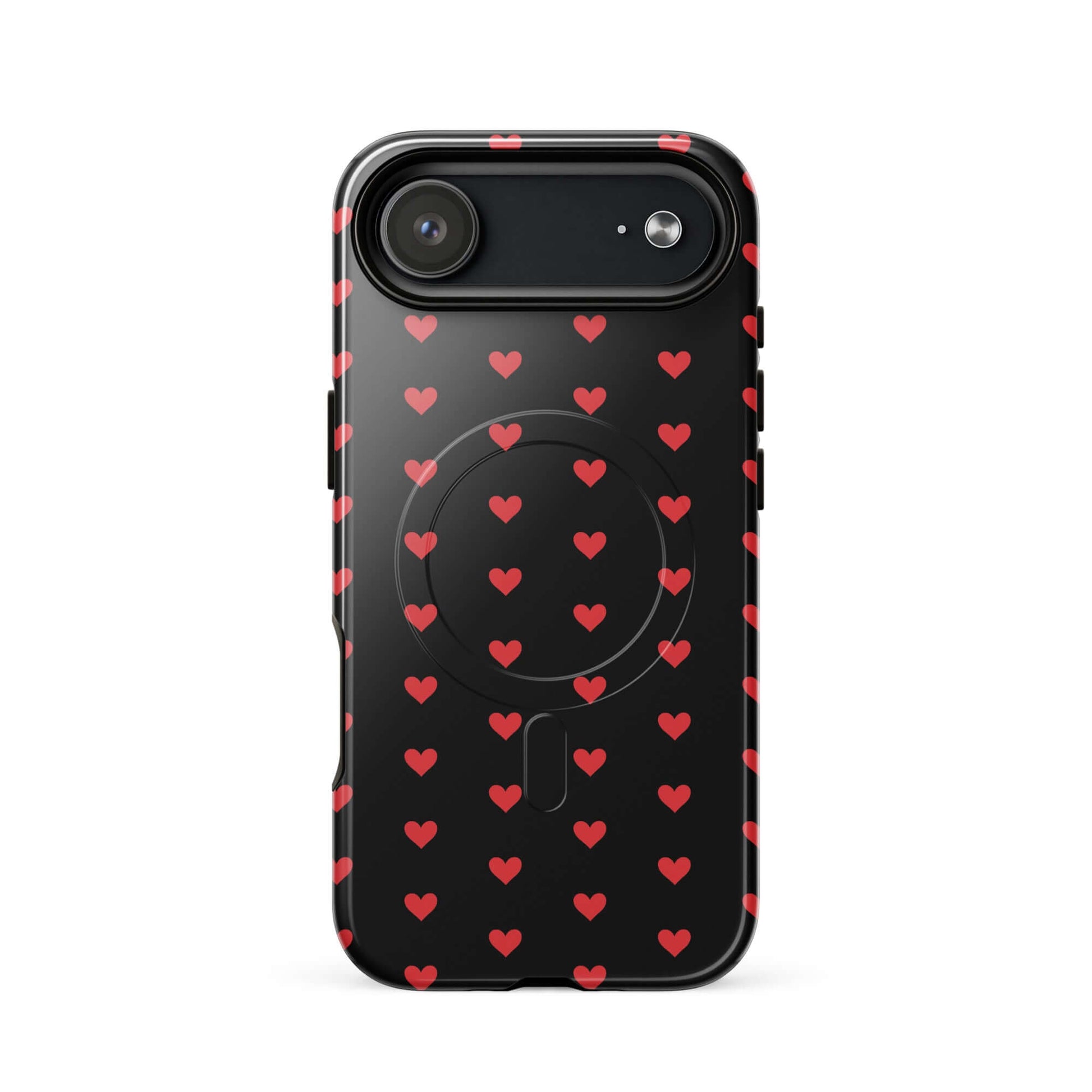 Magnetic Phone Case with fiery red hearts pattern on a black background for iPhone