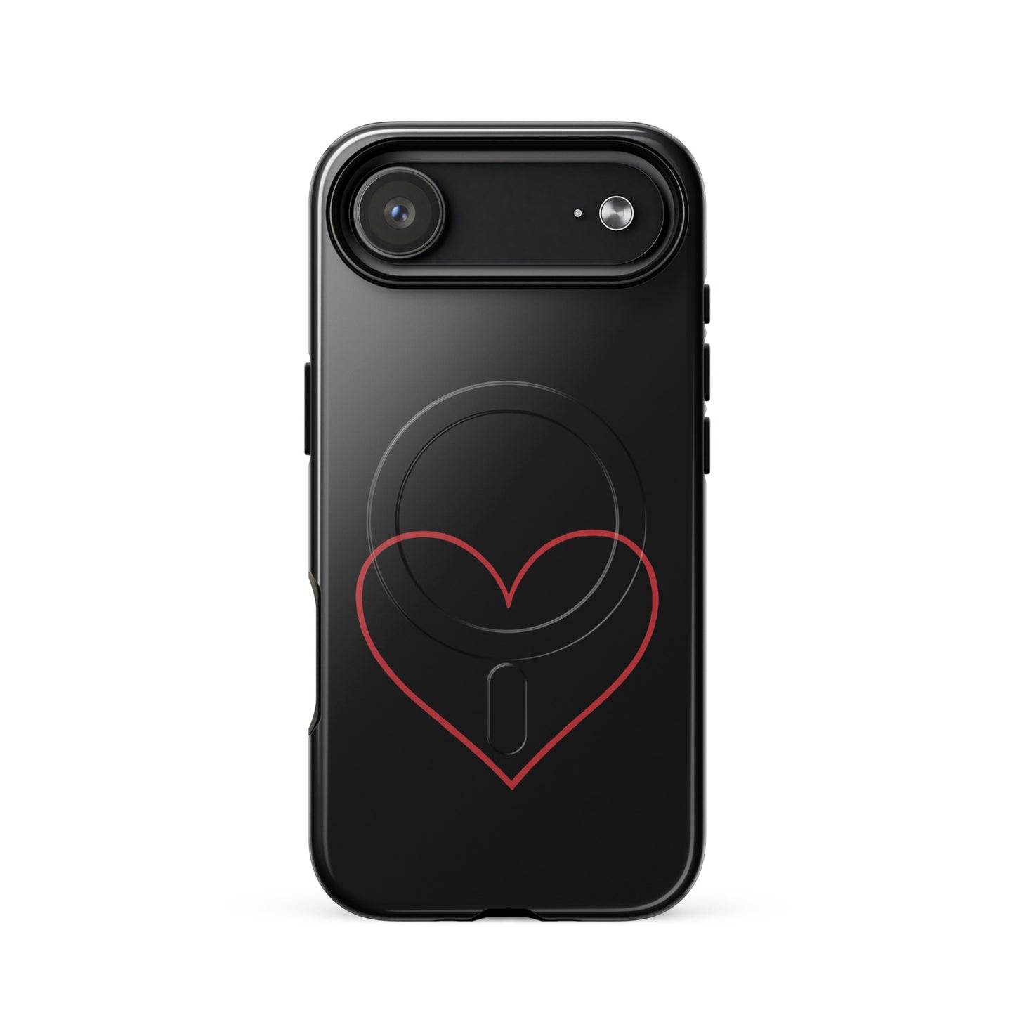 Magnetic Phone Case for iPhone featuring a minimalist crimson heart design on a black background.
