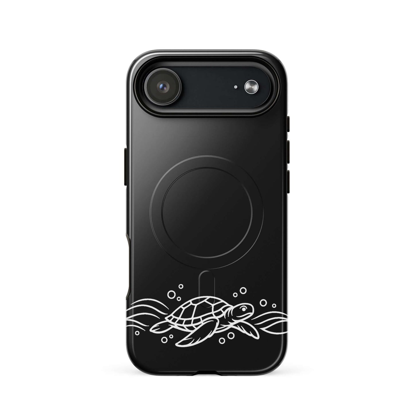 Magnetic Phone Case featuring a minimalist sea turtle design with waves and bubbles.