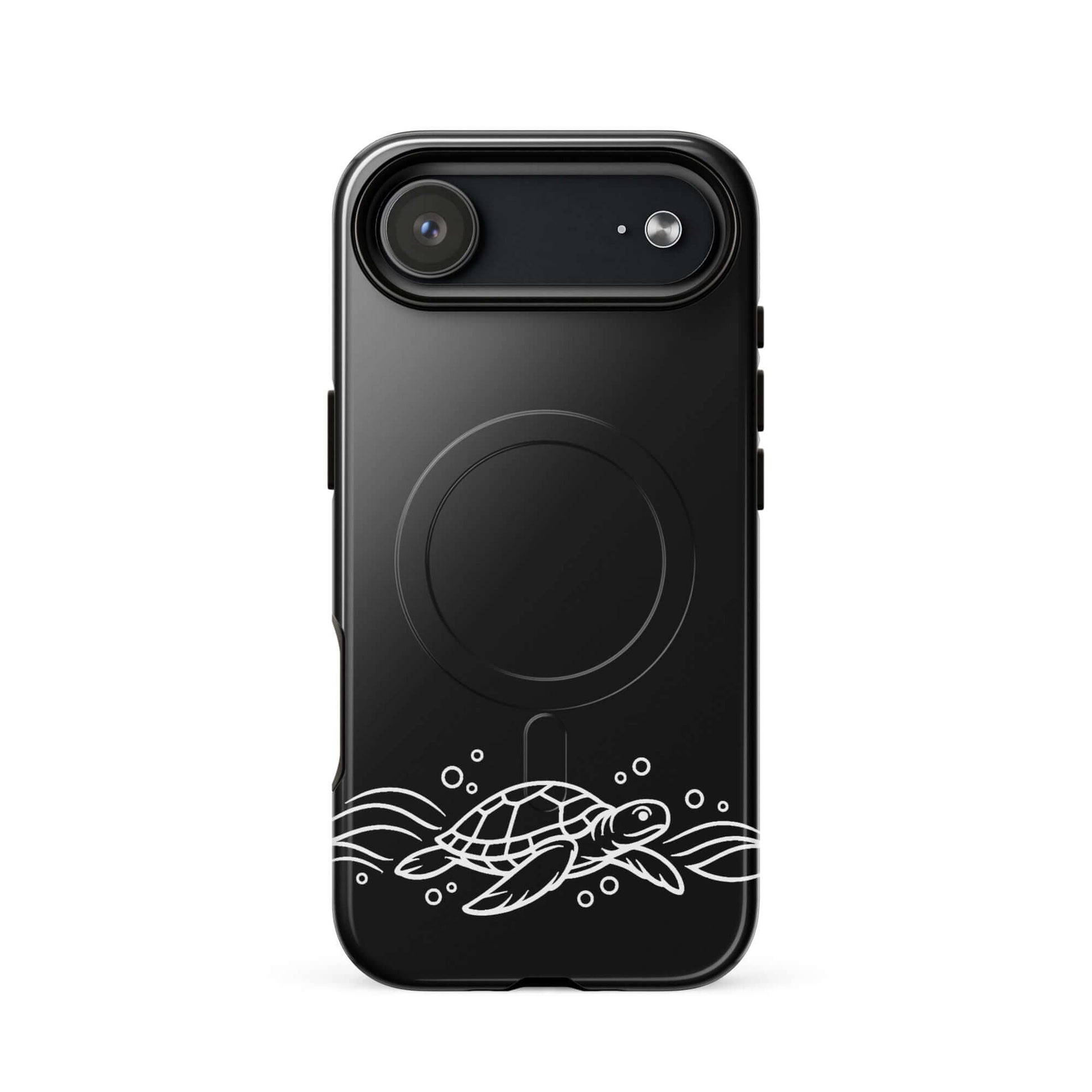 Magnetic Phone Case featuring a minimalist sea turtle design with waves and bubbles.