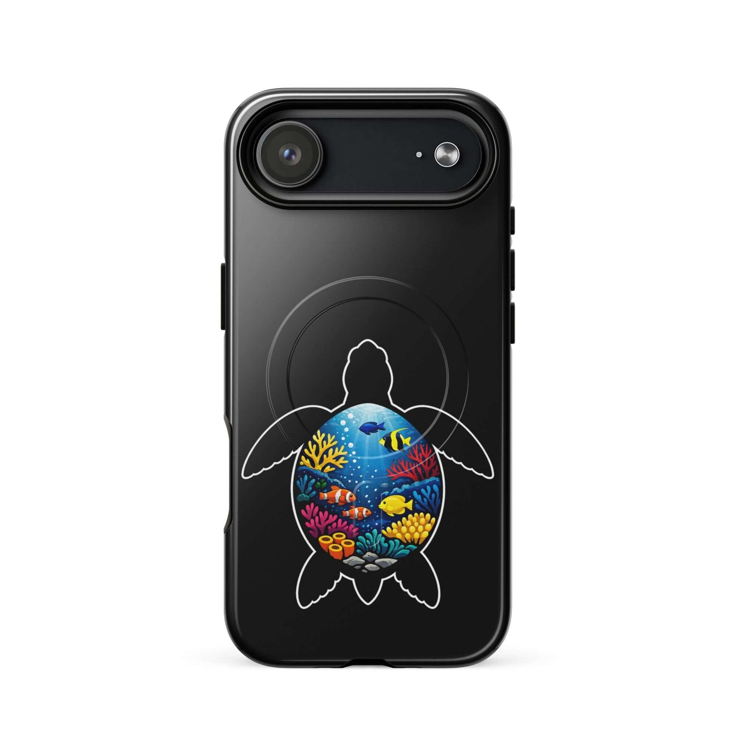 Magnetic Phone Case featuring vibrant sea turtle reef design with colorful coral and marine life.