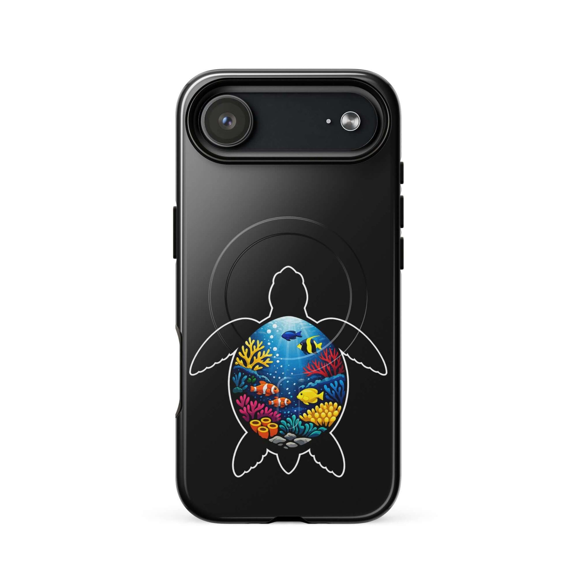 Magnetic Phone Case featuring vibrant sea turtle reef design with colorful coral and marine life.