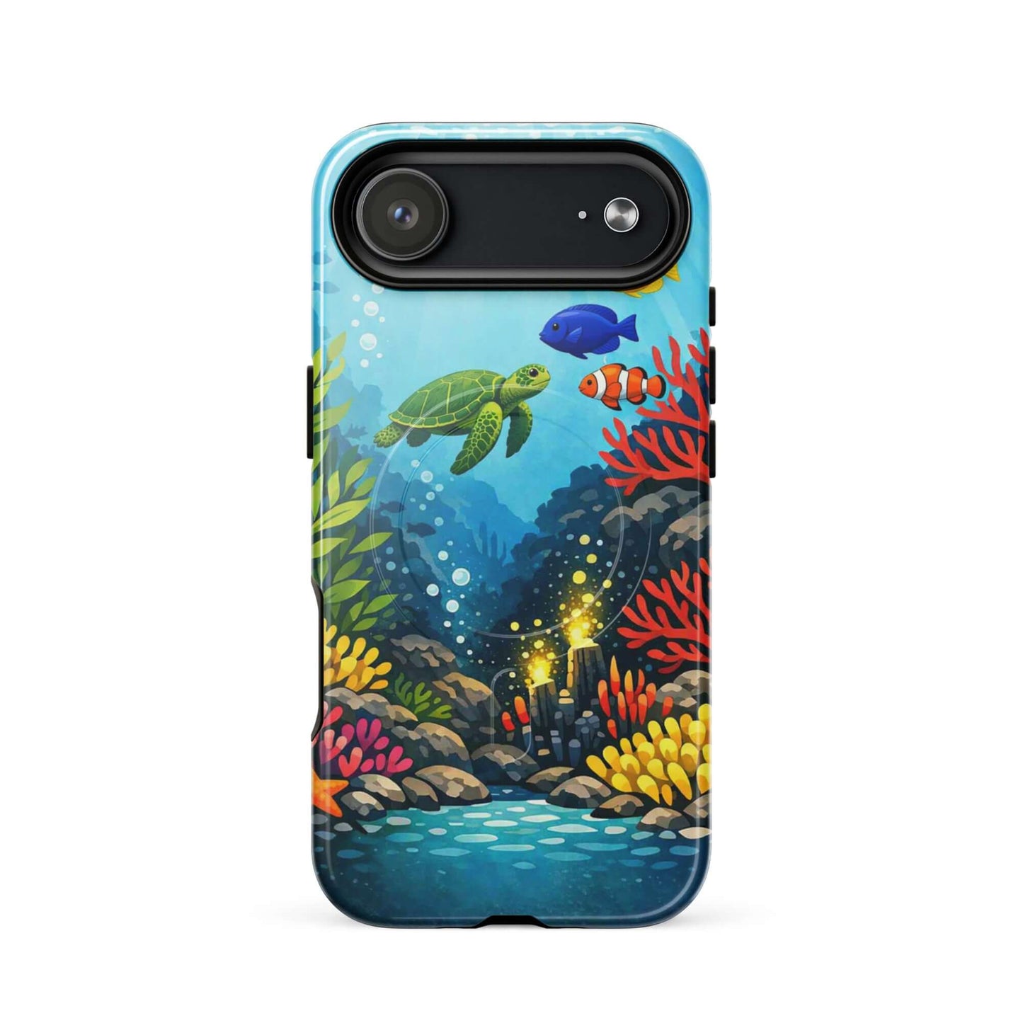 Magnetic Phone Case featuring vibrant sea turtle and coral reef design, showcasing ocean artistry and rugged protection.
