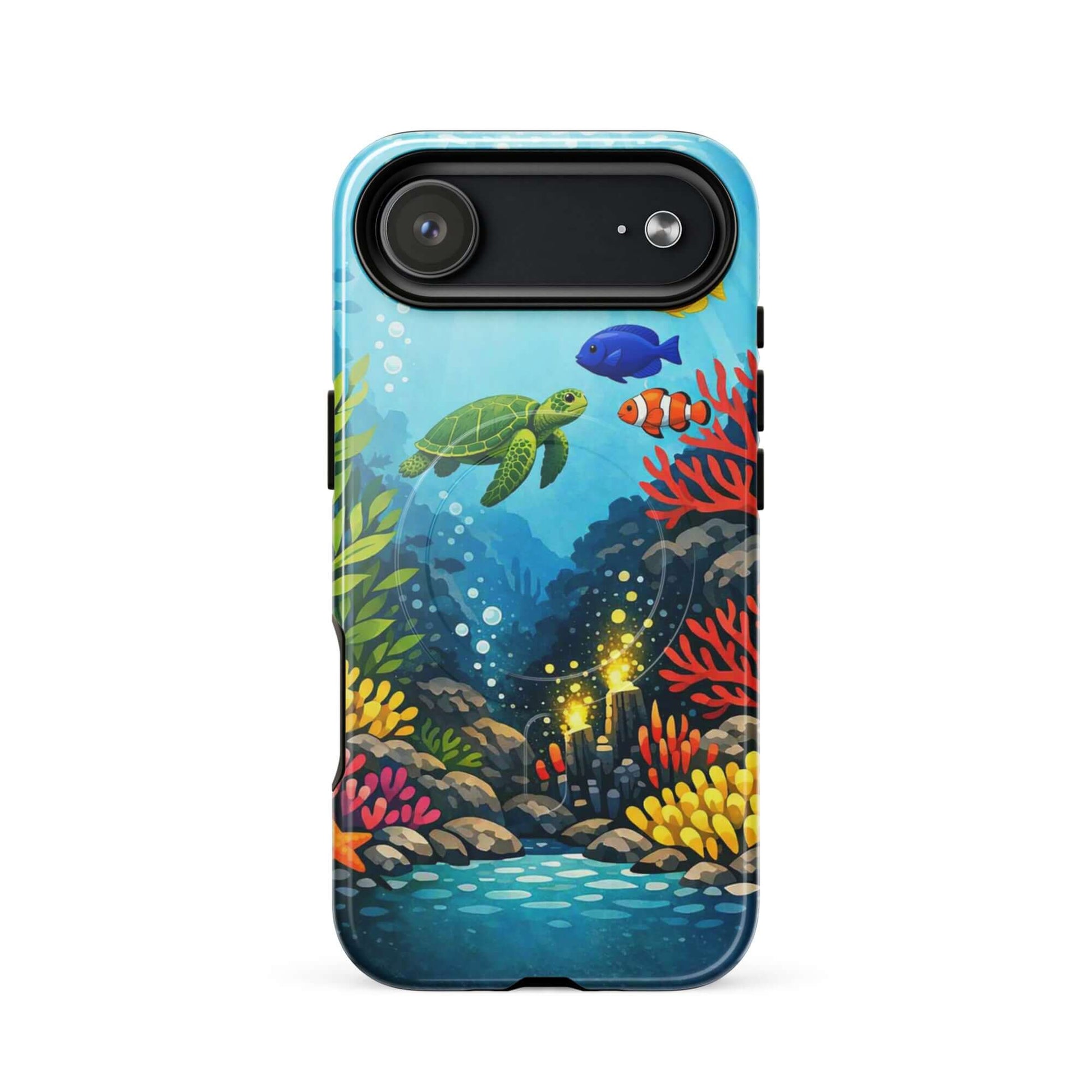 Magnetic Phone Case featuring vibrant sea turtle and coral reef design, showcasing ocean artistry and rugged protection.