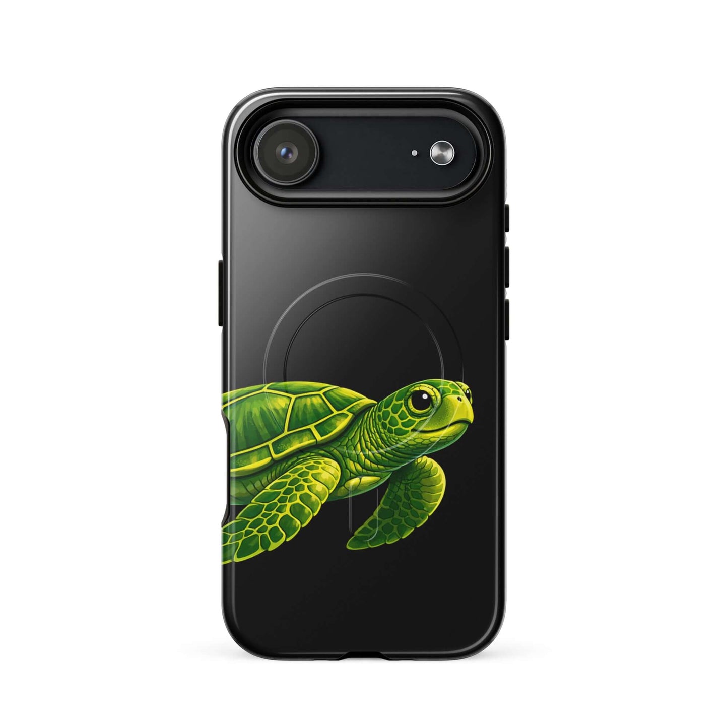 Magnetic Phone Case featuring vibrant sea turtle design against black background for style and protection.