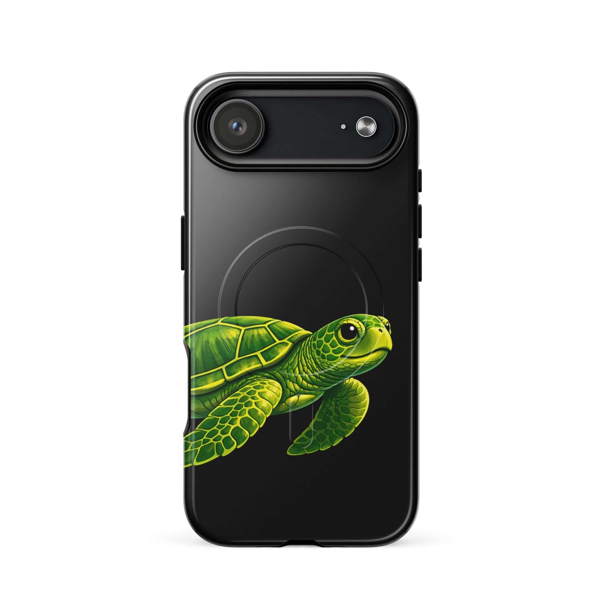 Magnetic Phone Case featuring vibrant sea turtle design against black background for style and protection.