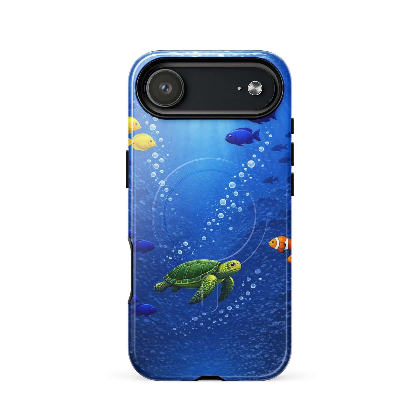 Magnetic Phone Case featuring a sea turtle and colorful fish design on a deep blue background.